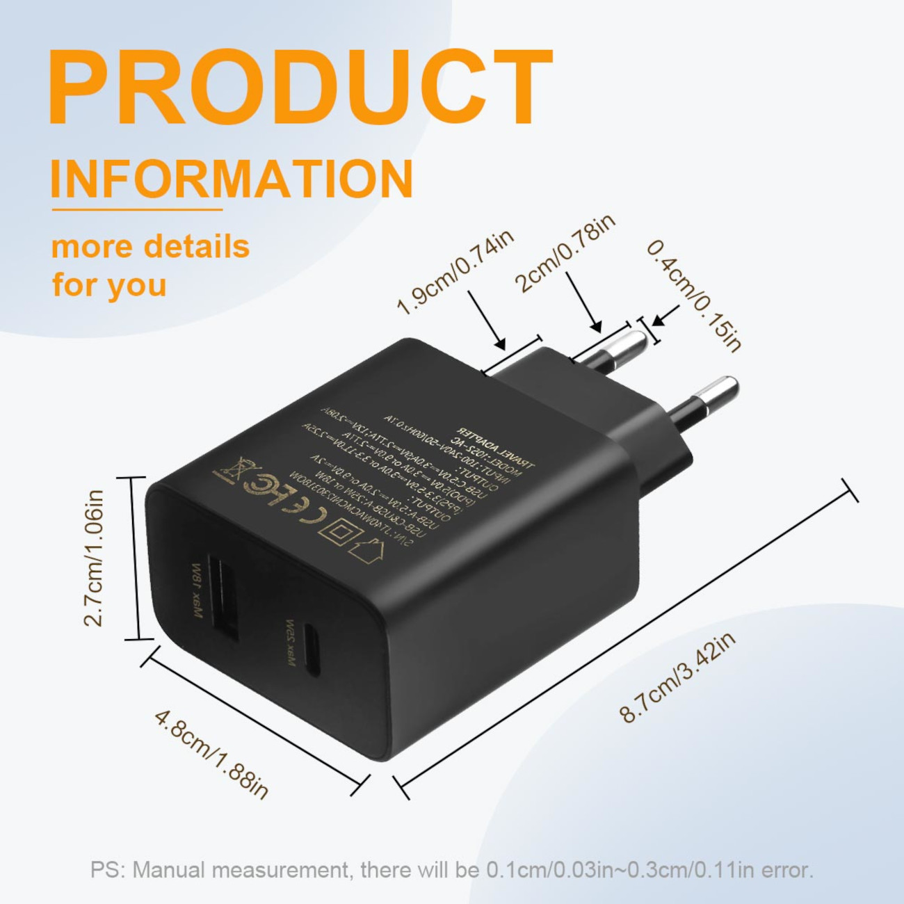 Schwarzes USB-Ladegerät mit Abmessungen, Produktinfo-Text und Maßen.