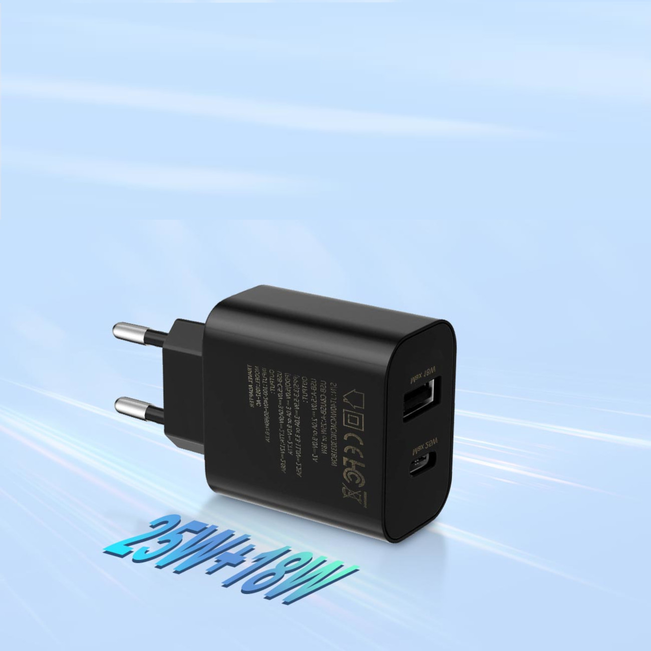Ein schwarzes Wandladegerät mit zwei Stiften und einem USB-Anschluss. Der Text "25W+18W" auf blauem Grund.