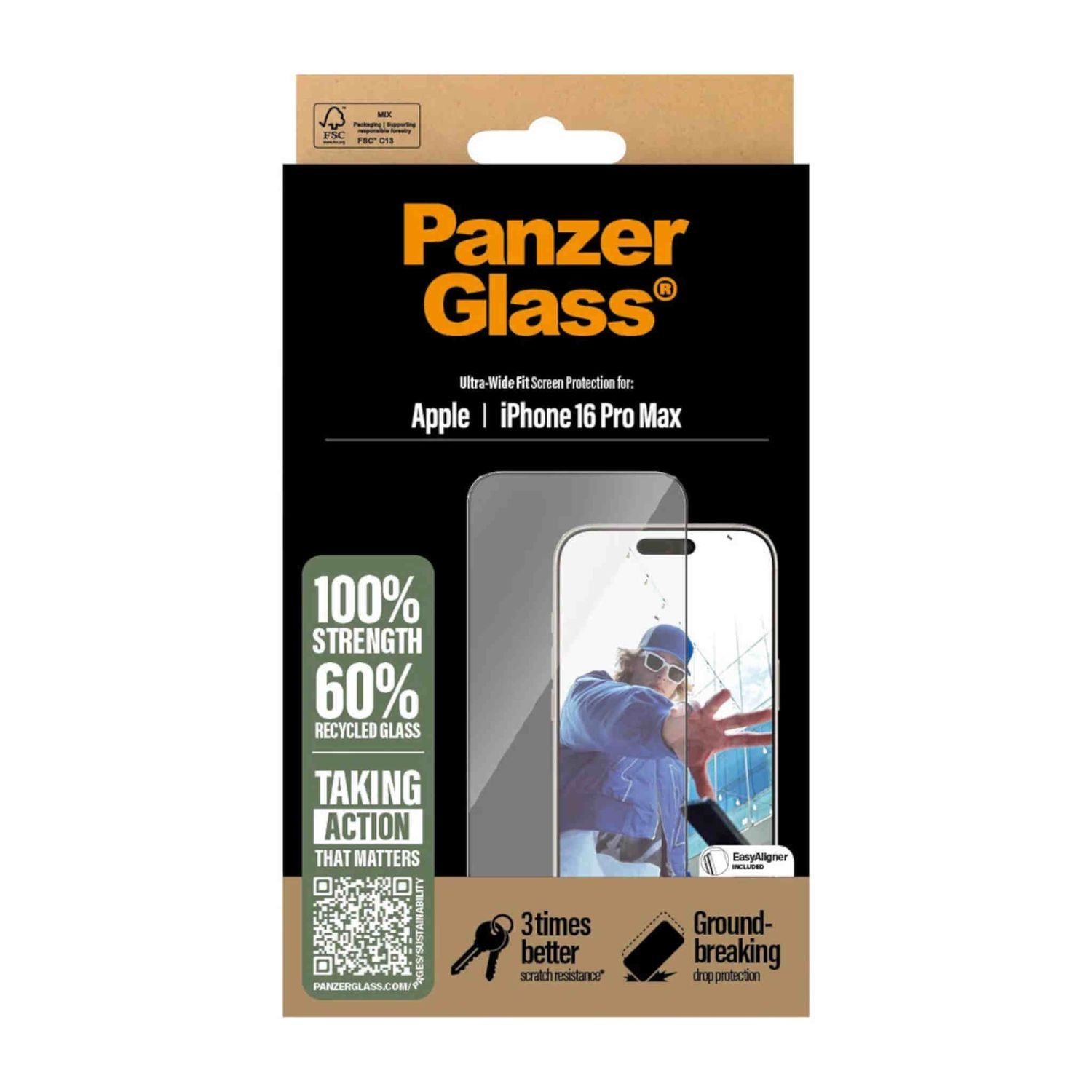 Confezione per una protezione schermo PanzerGlass per iPhone, con immagine del telefono.