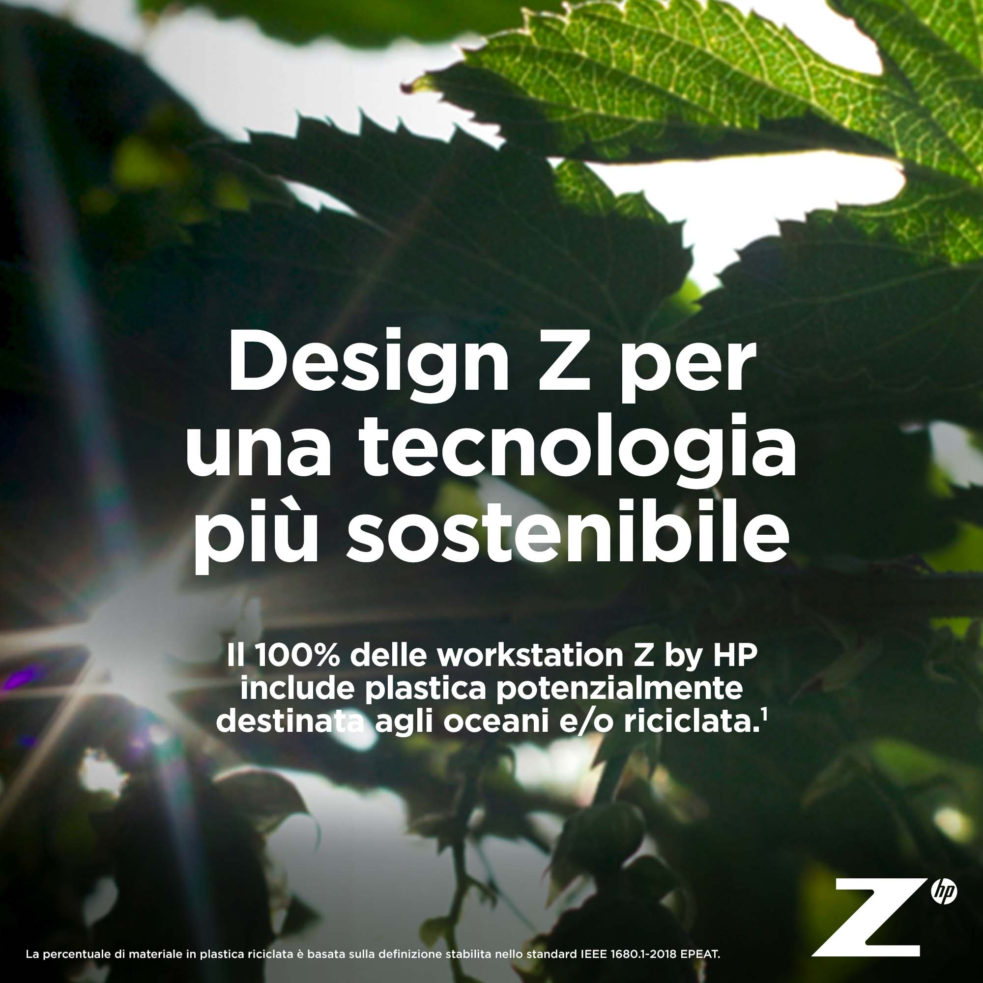 Foglie verdi con sfondo sfocato e testo: Design Z per una tecnologia più sostenibile.