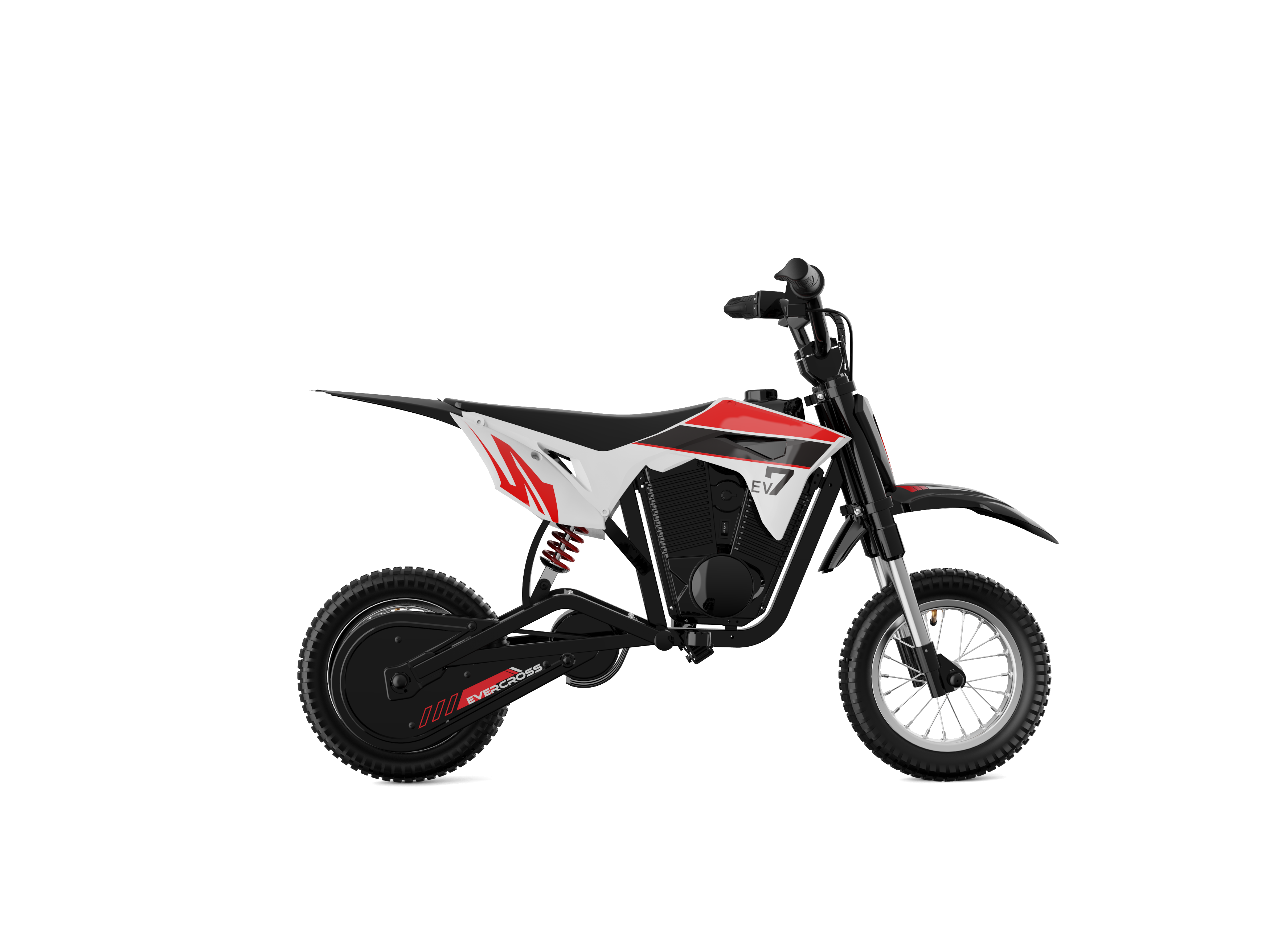 Una moto da cross elettrica rossa e bianca su sfondo bianco. La moto ha pneumatici neri e un motore nero.