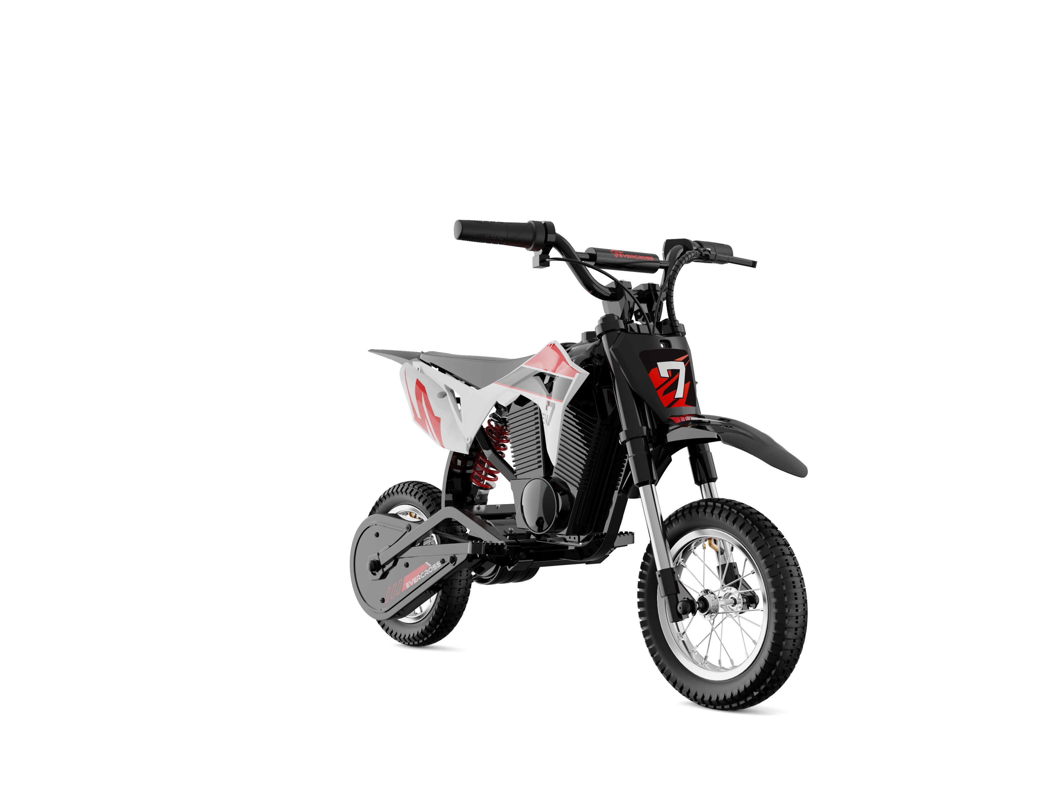 Una moto da cross nera e rossa con il numero 7.