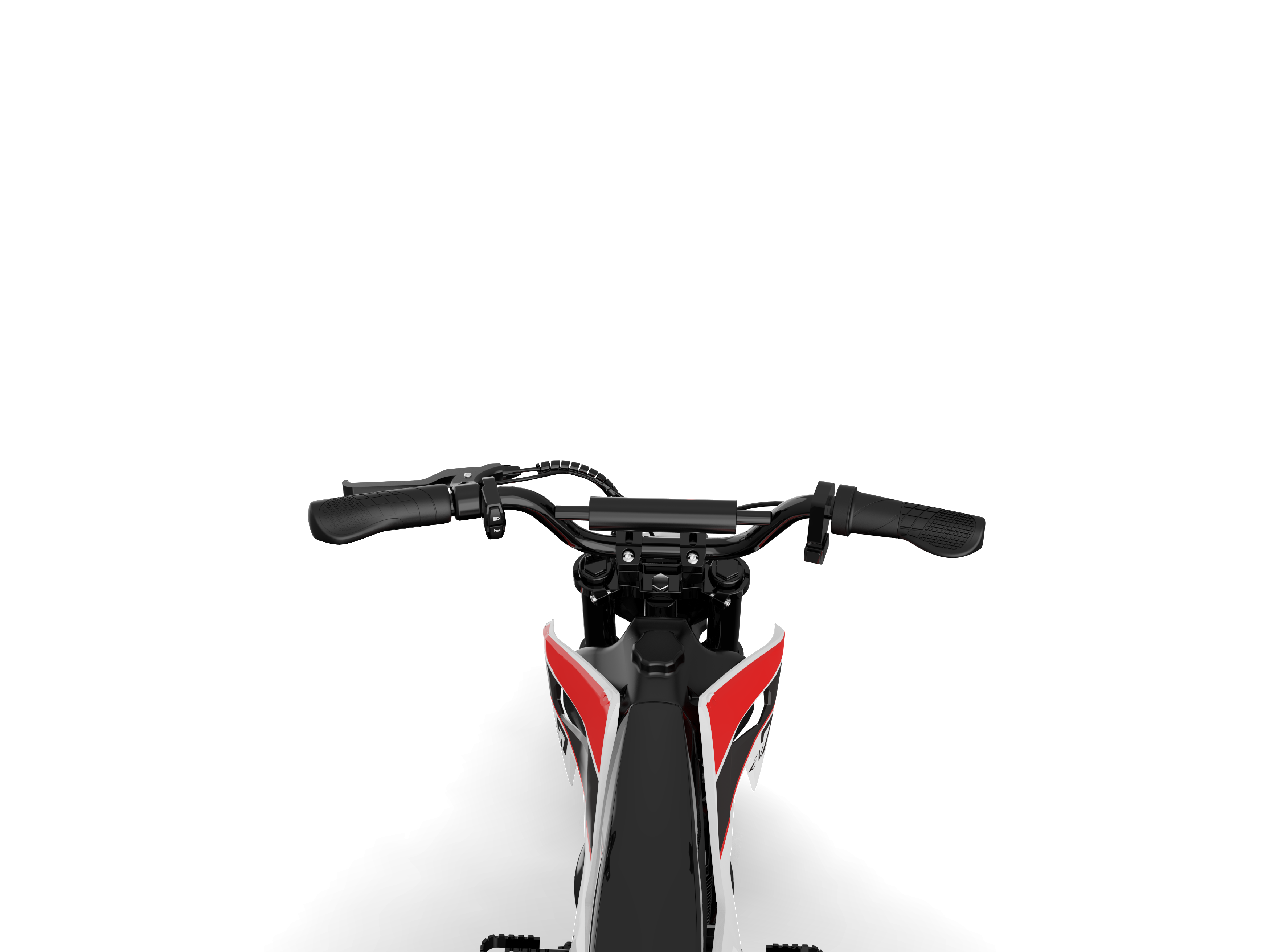 Dirt bike elettrica con la bambina motociclista con casco, in nero e rosso, che mostra le specifiche.