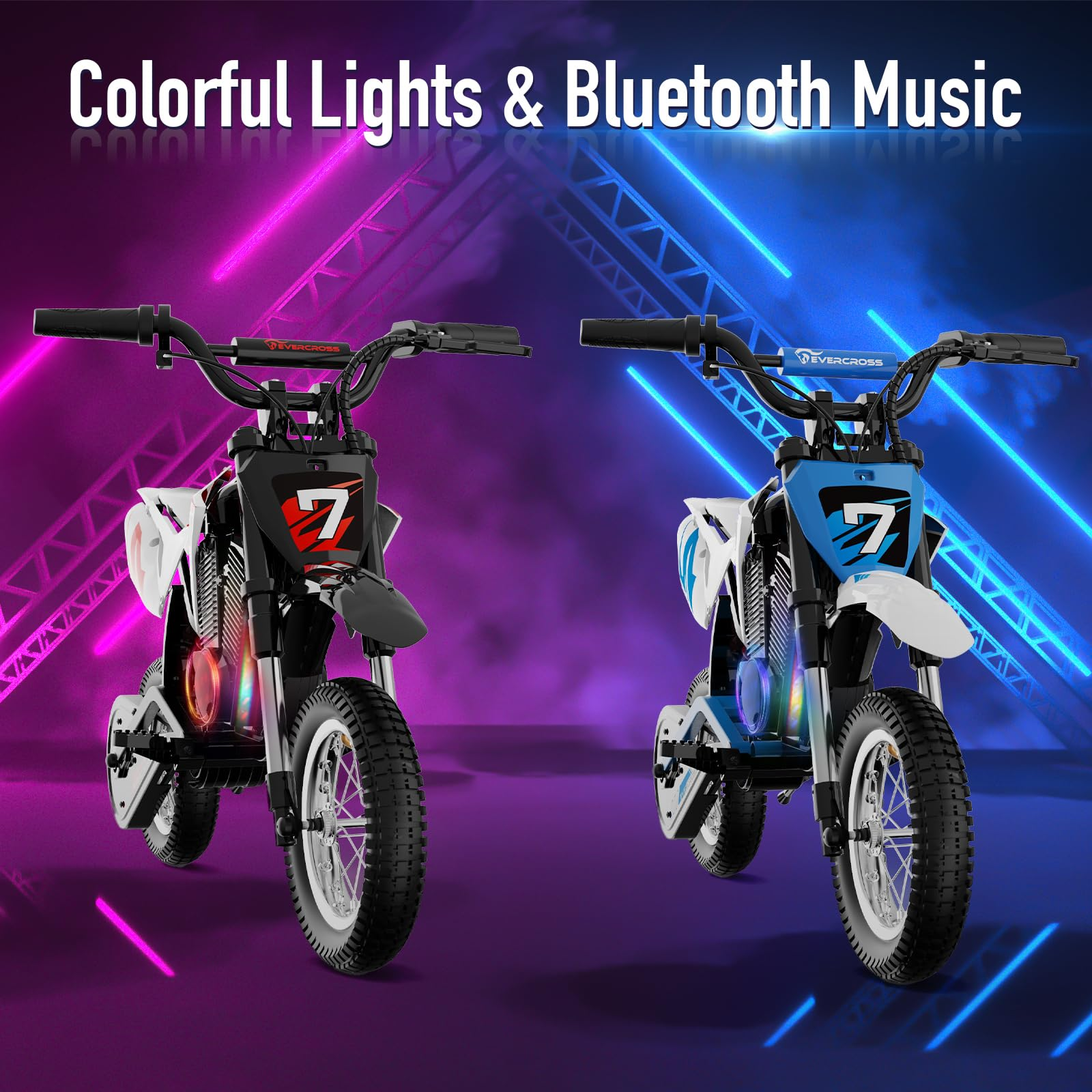 Due moto giocattolo, una nera, una blu, con luci colorate e il testo: Colorful Lights & Bluetooth Music.
