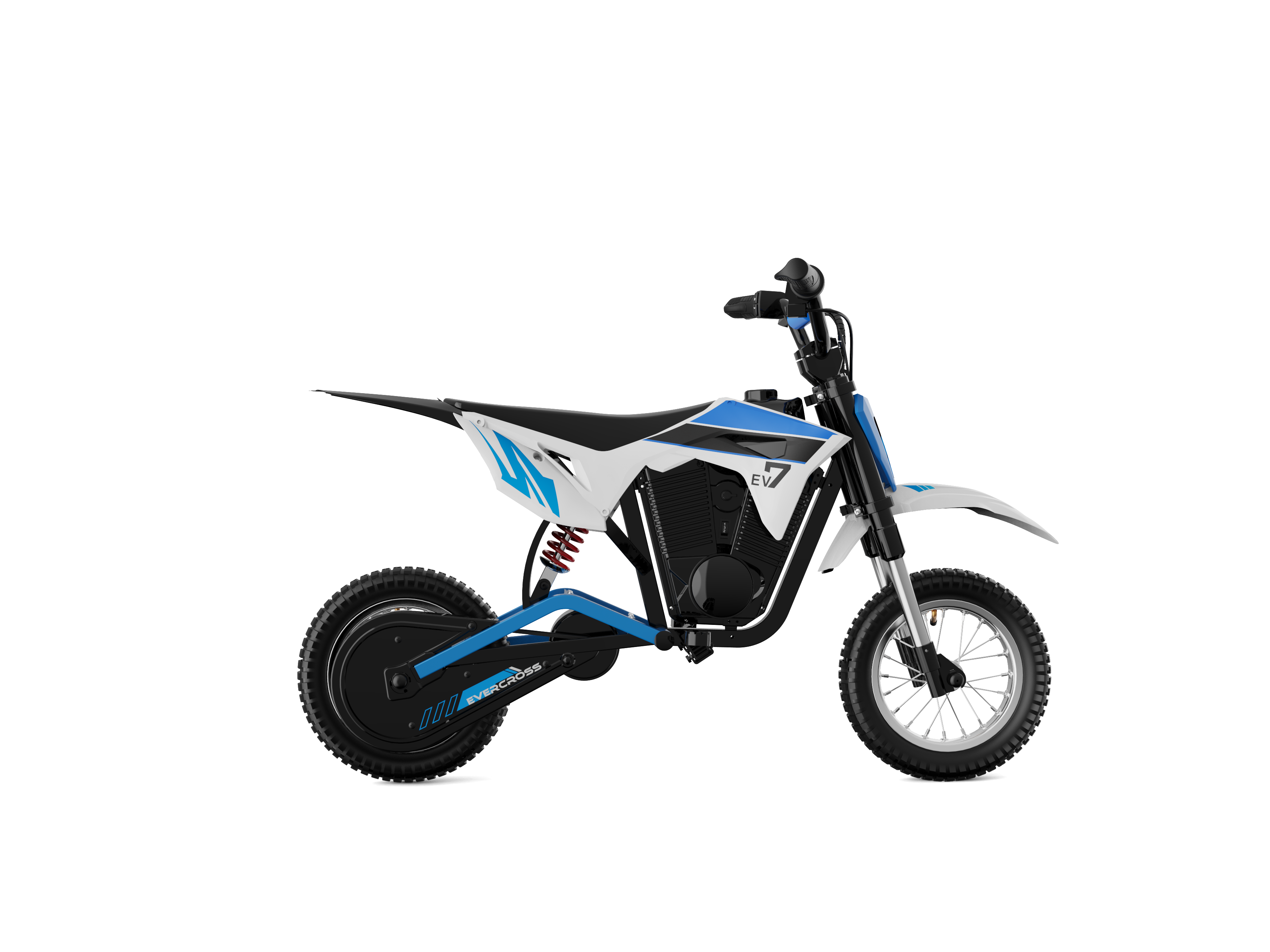 Una piccola moto da cross elettrica, bianca e blu, su sfondo bianco.
