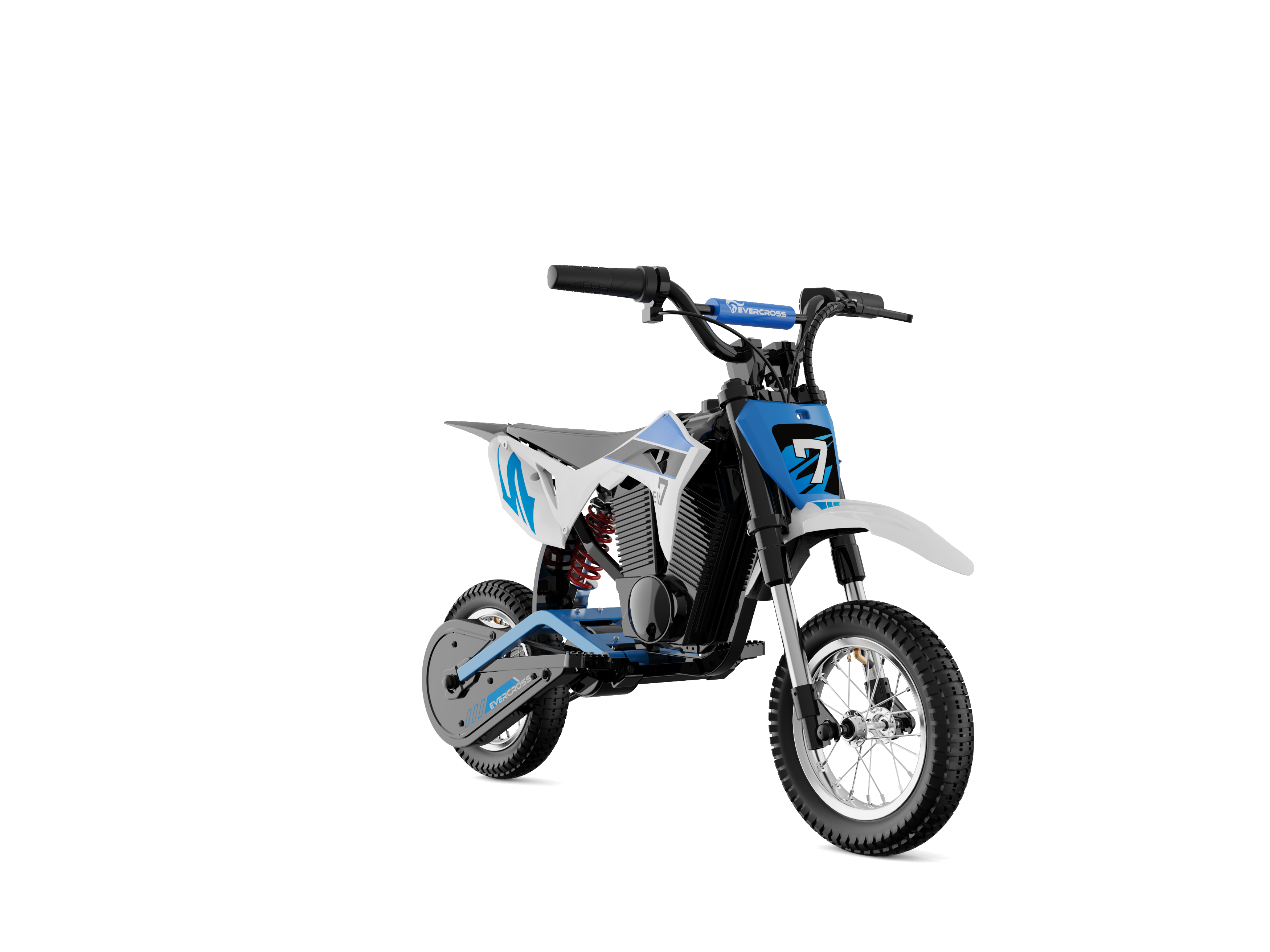 Una moto giocattolo blu e bianca con sfondo nero. Ha il numero 7 sul lato.