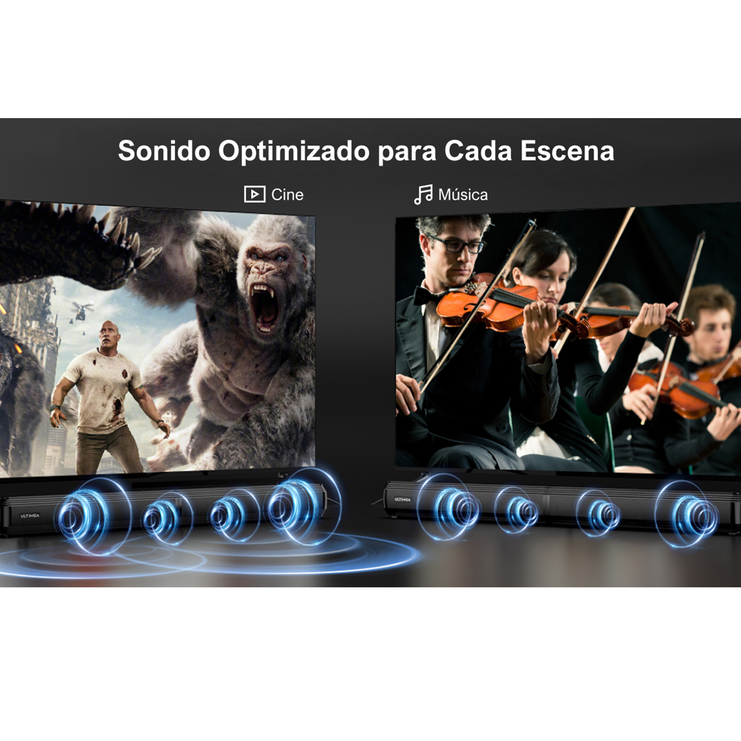 Dos escenas: una de película con acción, y una banda tocando música. Barra de sonido con ondas sonoras.