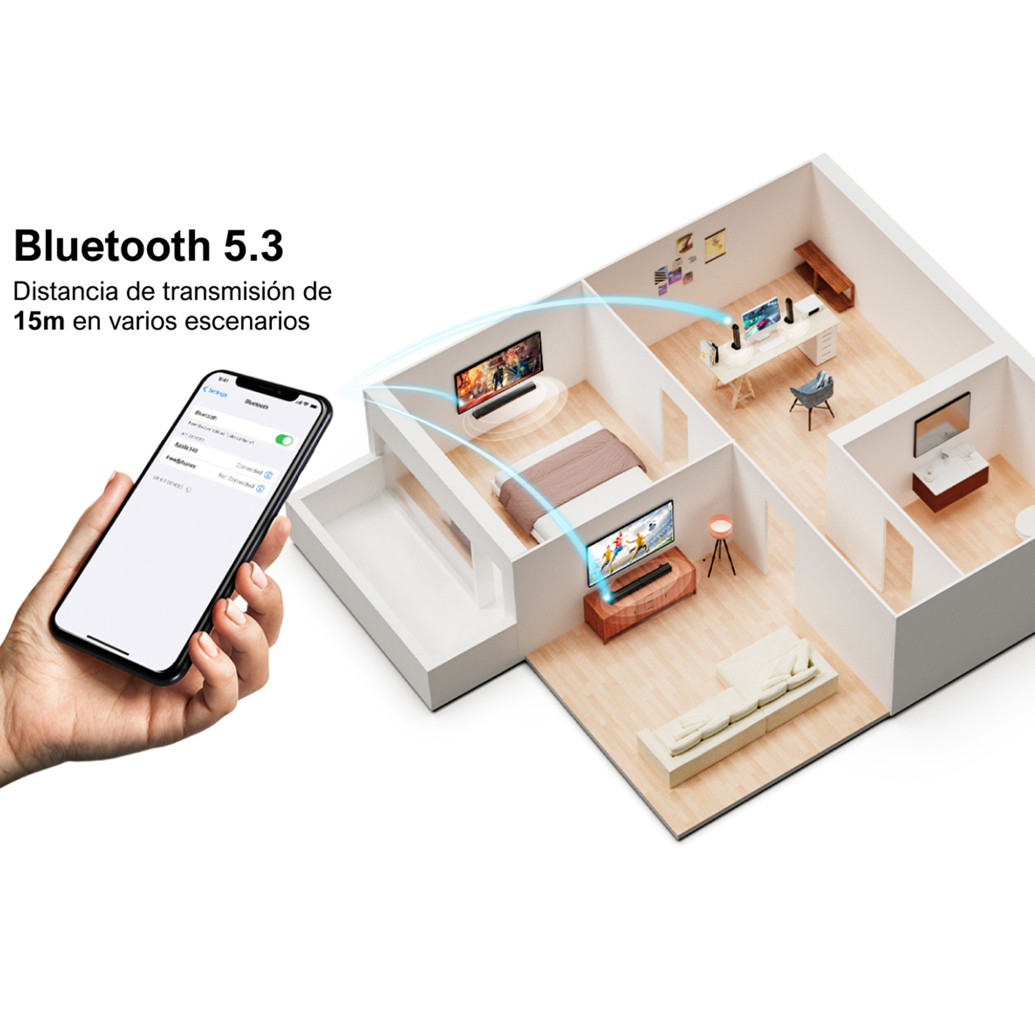 Un teléfono inteligente que muestra una configuración de hogar inteligente, con un gráfico de diseño de habitación.