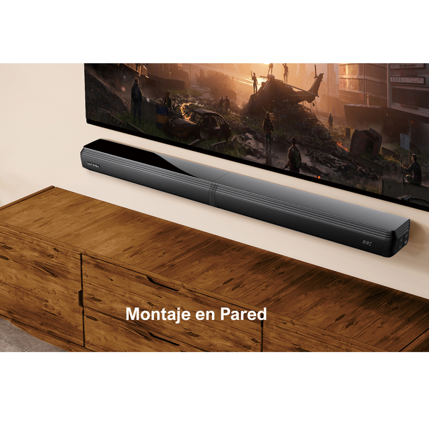 Una barra de sonido negra montada en una pared sobre un mueble de madera, con un televisor.