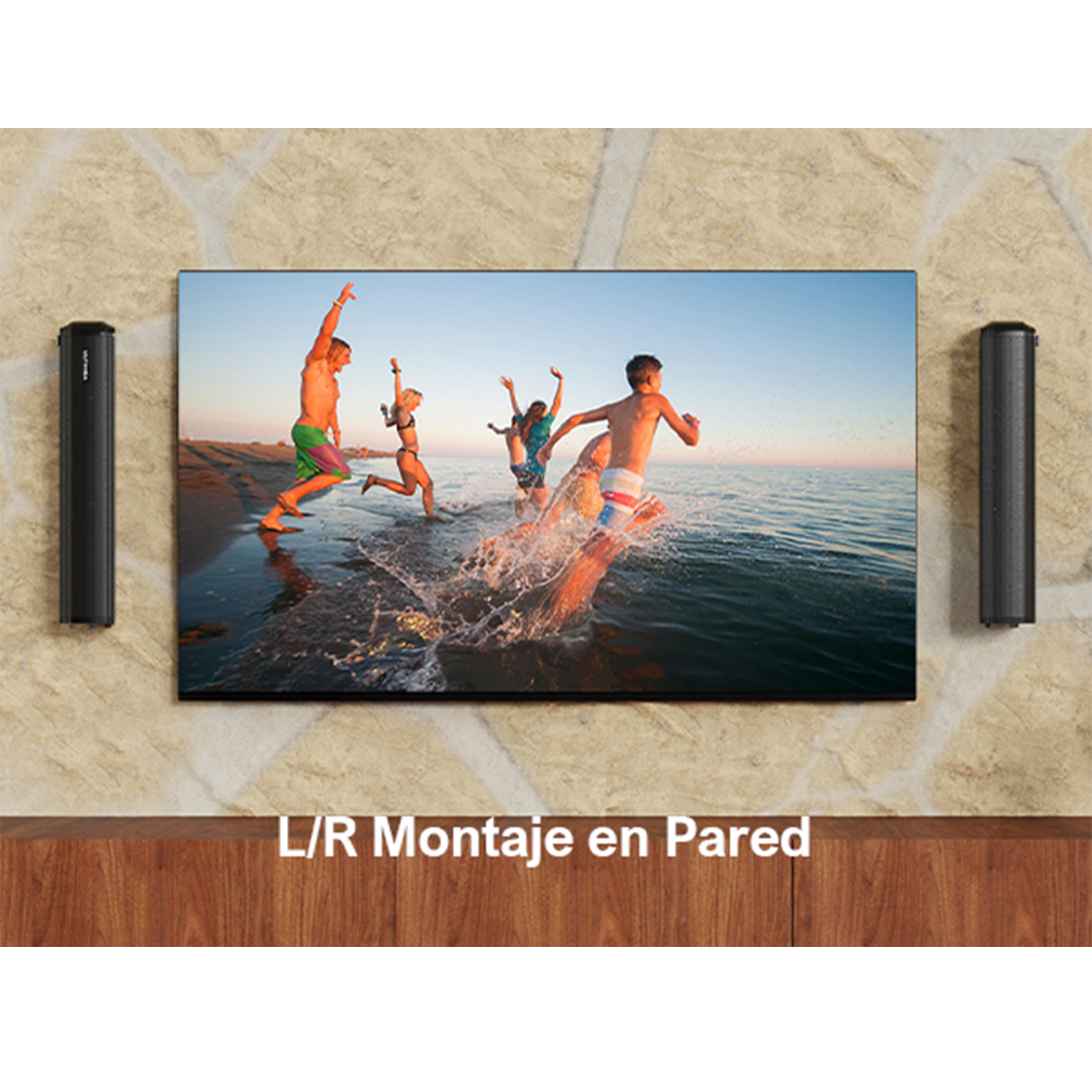 Gente corriendo al mar con TV arriba. Texto 'L/R Montaje en Pared'.