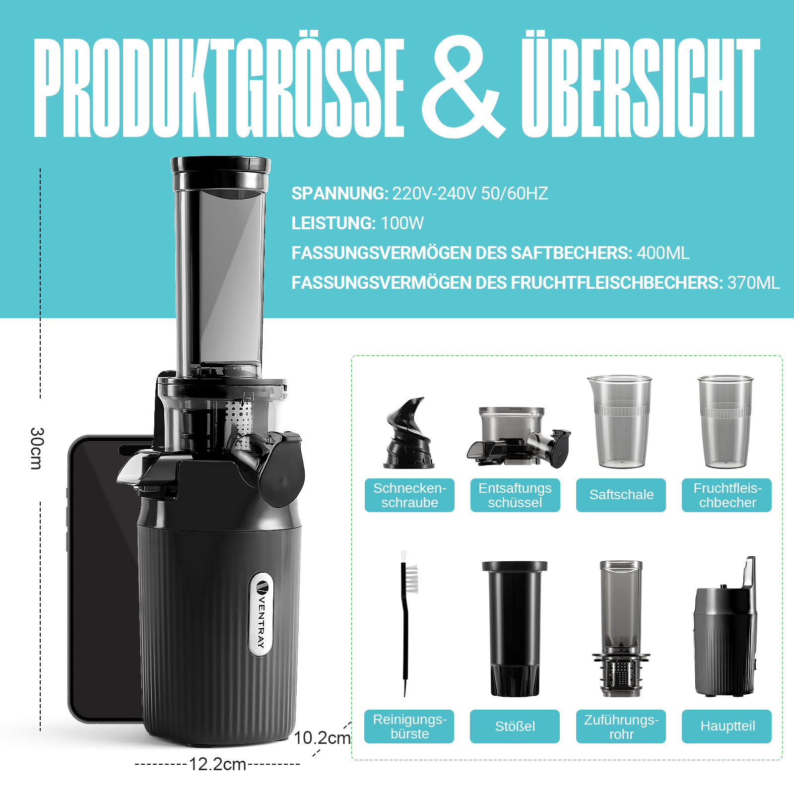 Un estrattore di succo nero con le sue parti e dimensioni visualizzate accanto a uno smartphone.
