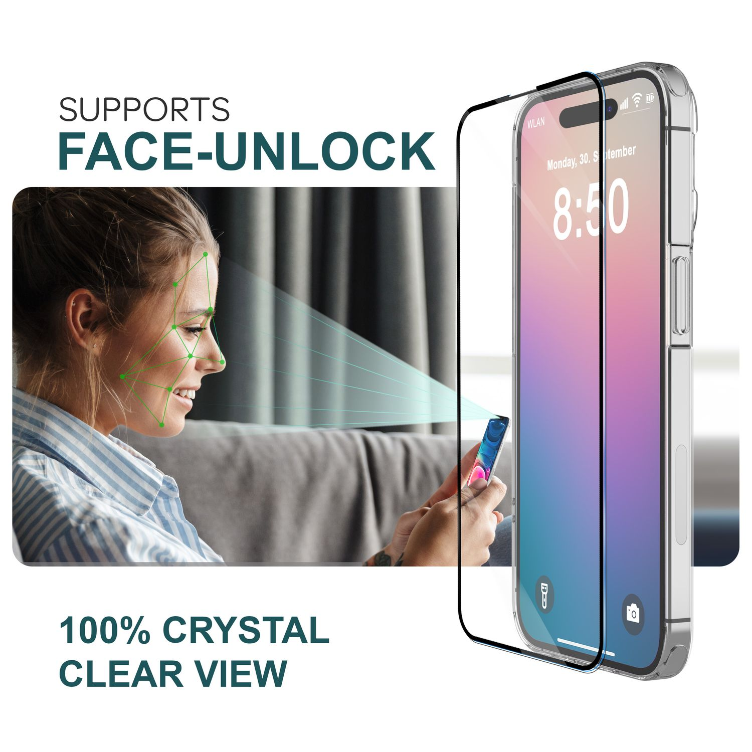 Ein Telefon mit Displayschutz, das eine Frau und Face-Unlock-Funktionen zeigt.