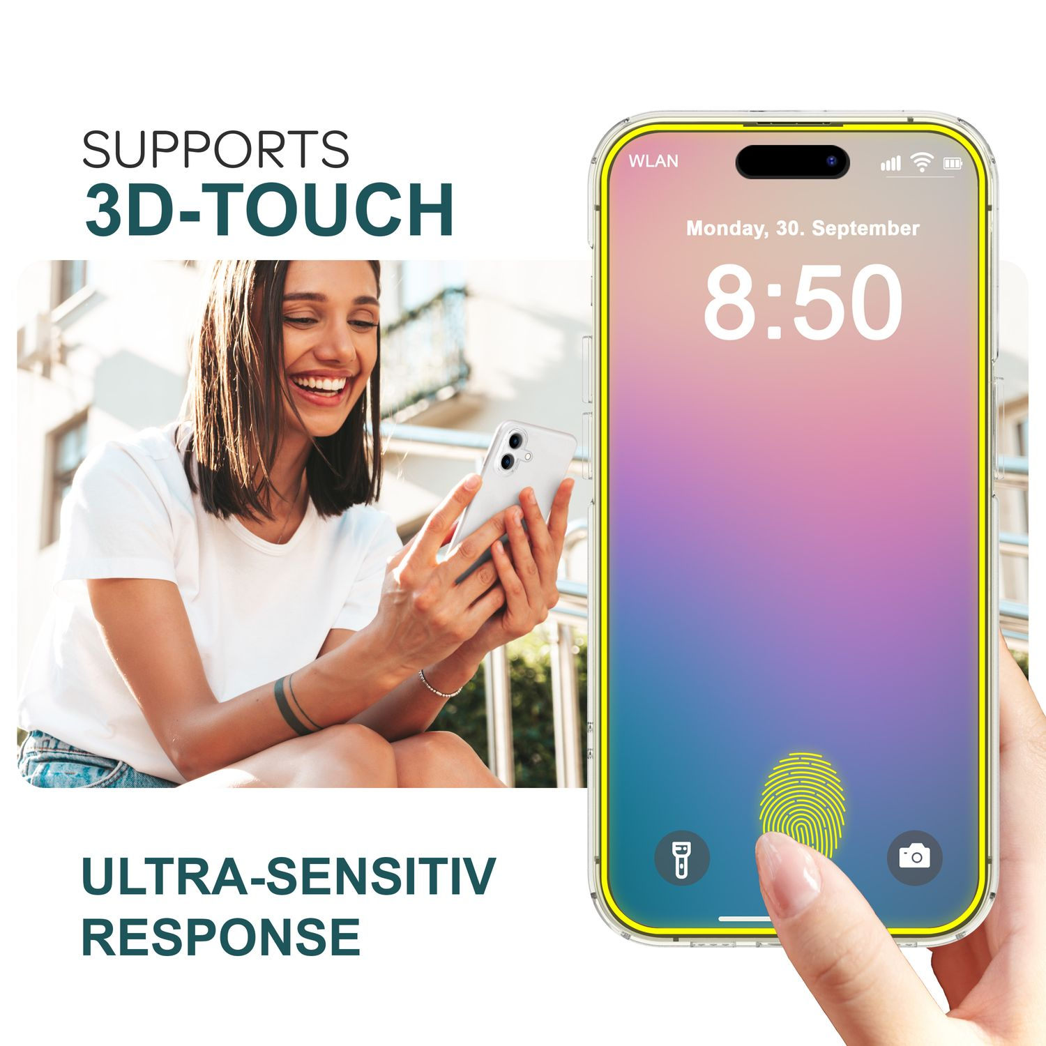 Ein Smartphone mit gelbem Rand, das einen Bildschirm und eine Hand zeigt.