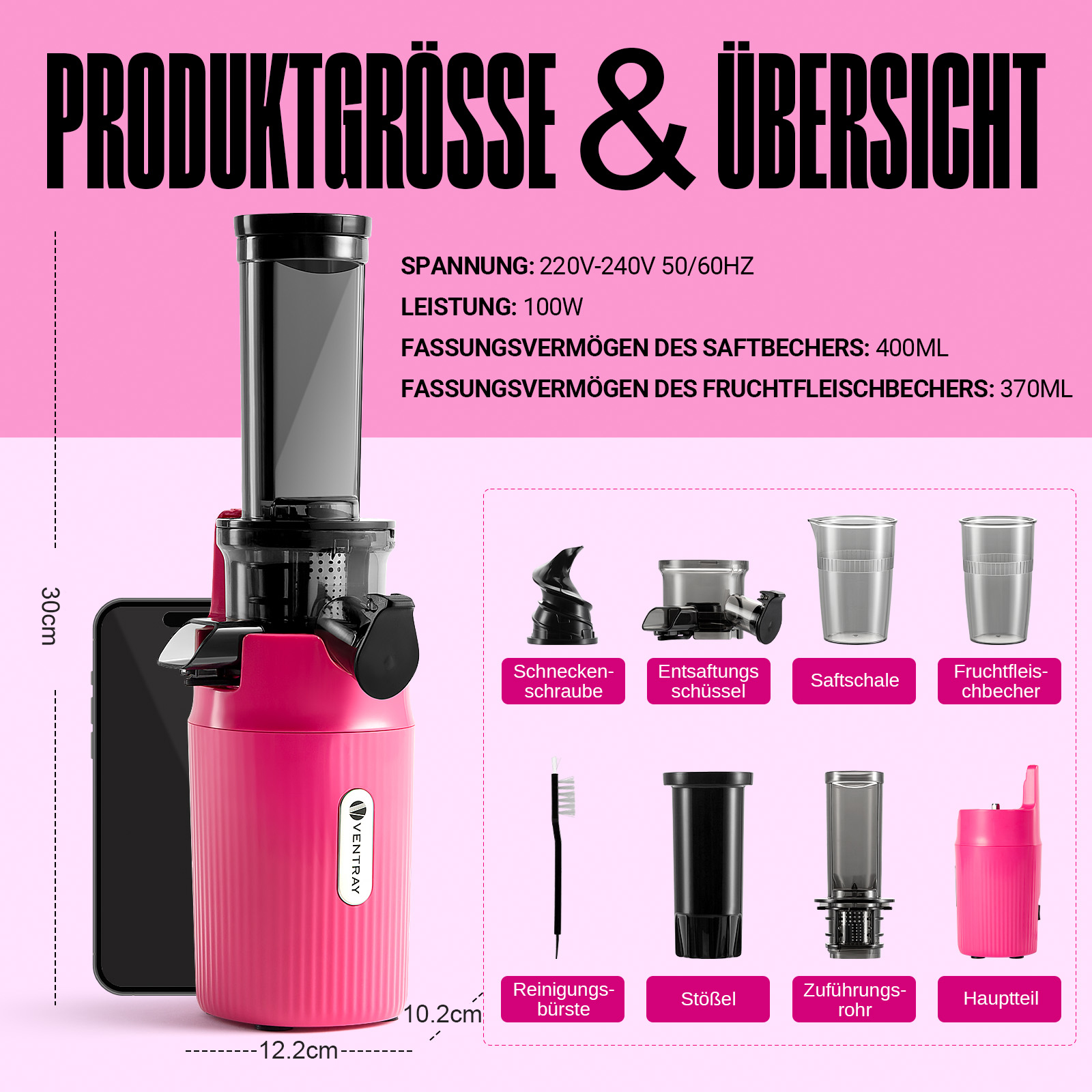 Spremiagrumi rosa con parti disposte. Il testo mostra le dimensioni e i dettagli della capacità.