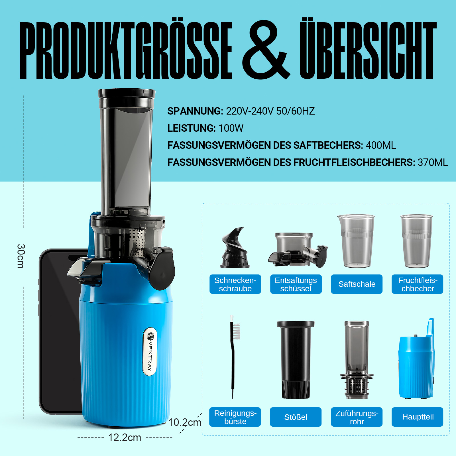 Centrifuga blu con dimensioni e componenti etichettati. Include una spazzola e varie parti per la spremitura.