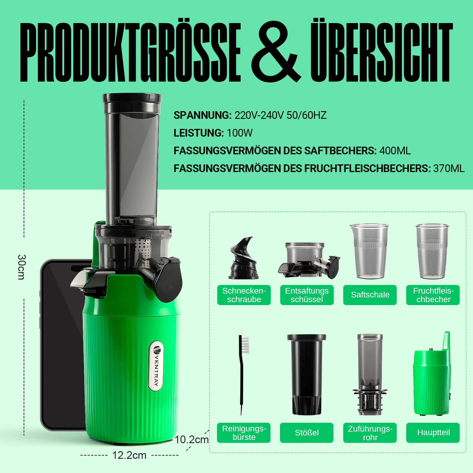 Un estrattore di succo lento verde con parti e un telefono. Il testo descrive i componenti e le specifiche.
