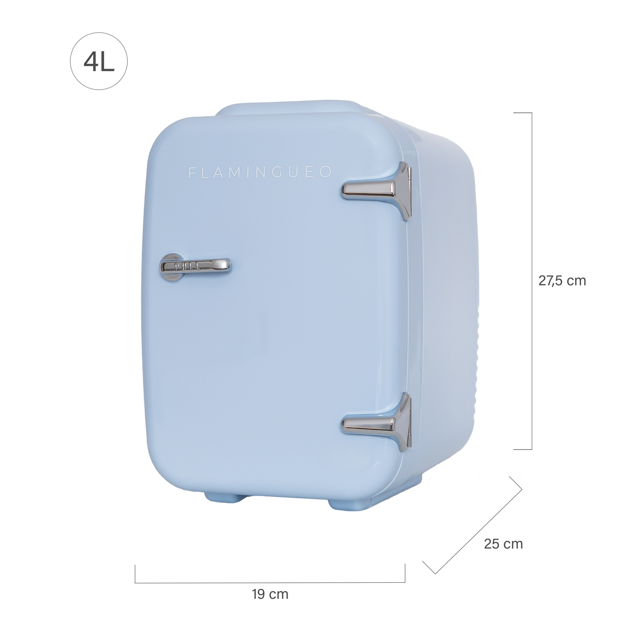 Un pequeño refrigerador azul con asa plateada y dimensiones en cm.