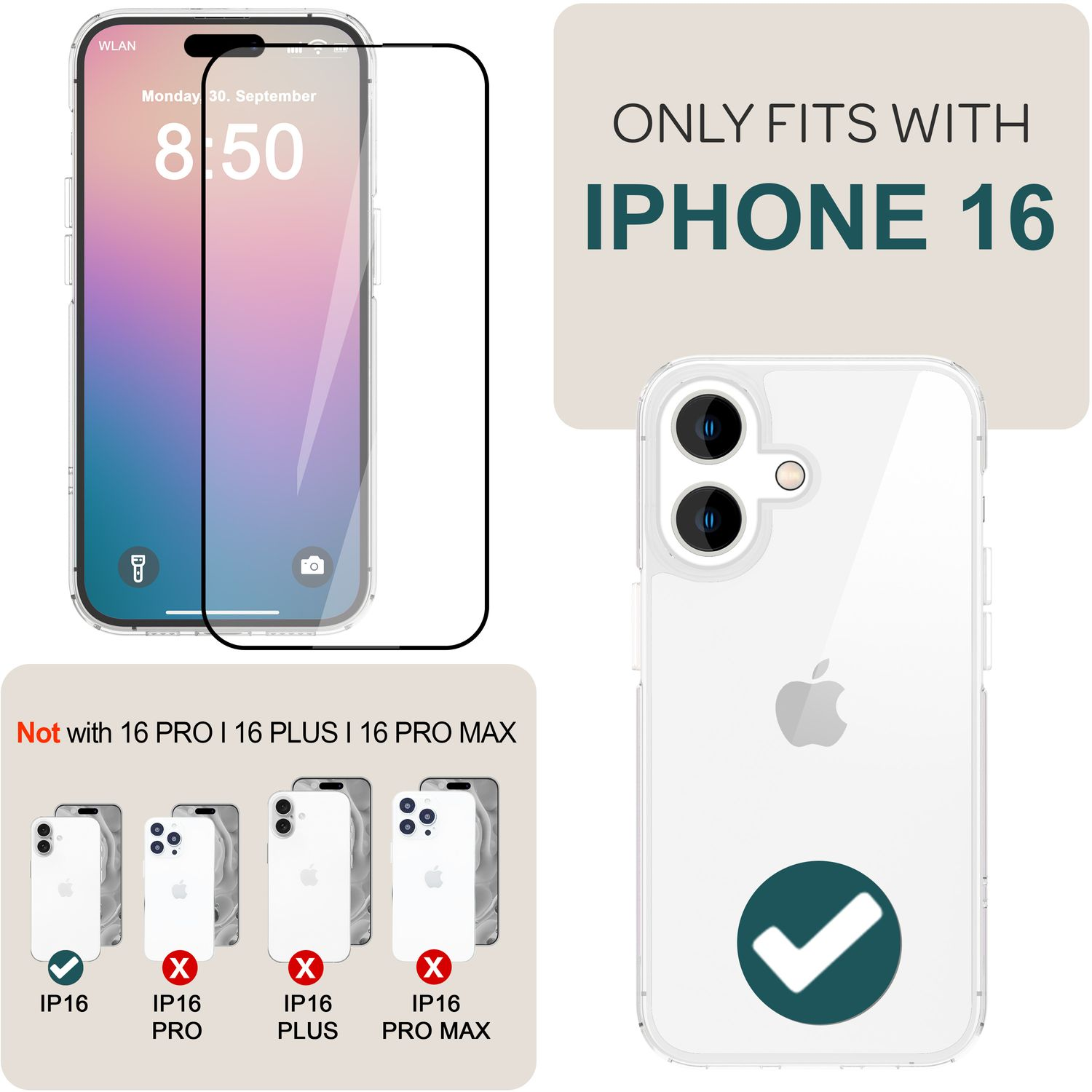 Protecteur d'écran et coque pour iPhone 16. Texte indique compatibilité, fond blanc.