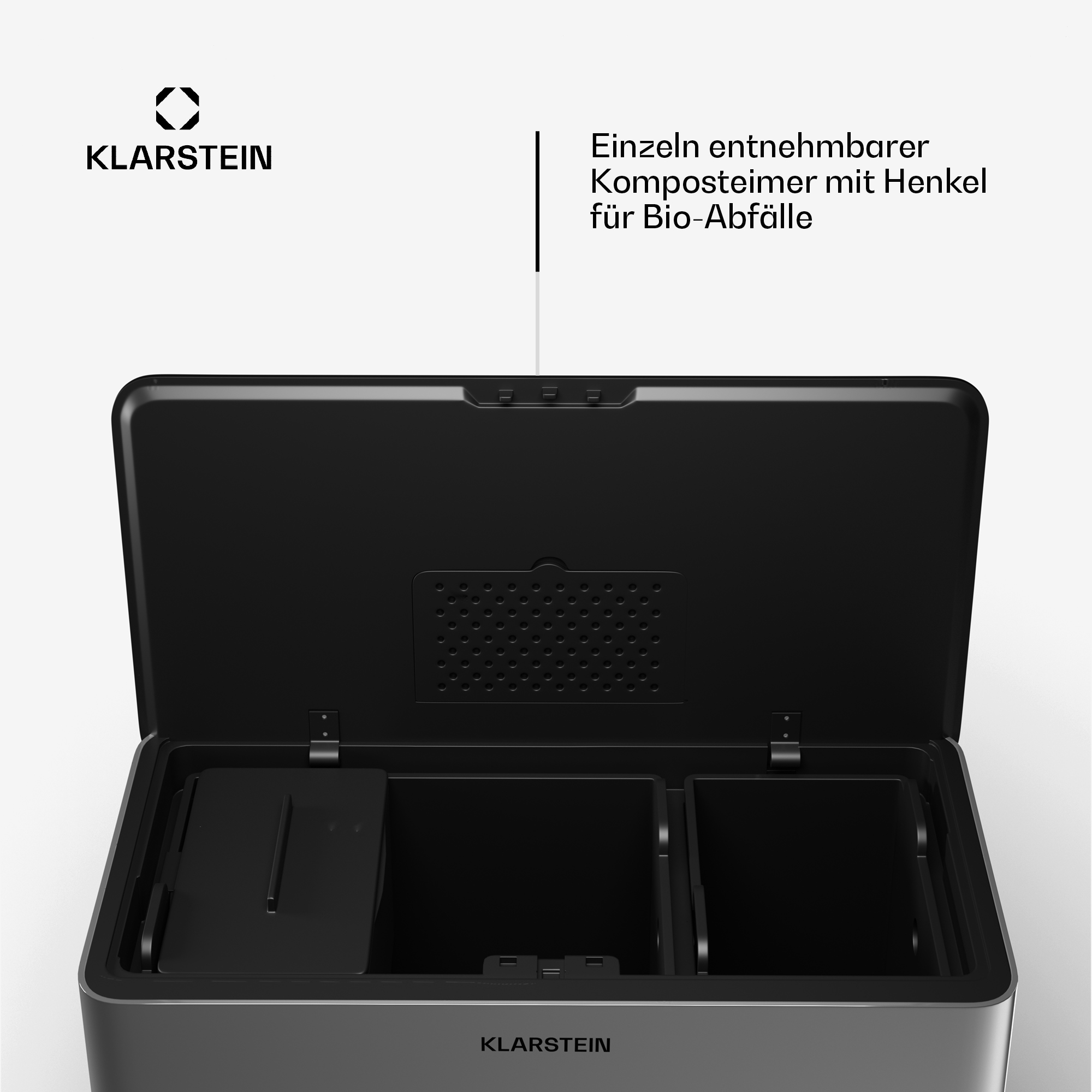 Un cestino nero con 3 scomparti, aperto. Il logo Klarstein è visibile. Testo in tedesco.