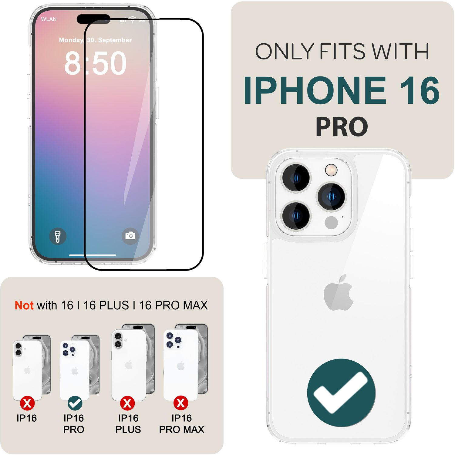 iPhone 16 Pro mit Displayschutzfolie und andere iPhone-Modelle. Text: NUR FÜR IPHONE 16 PRO.
