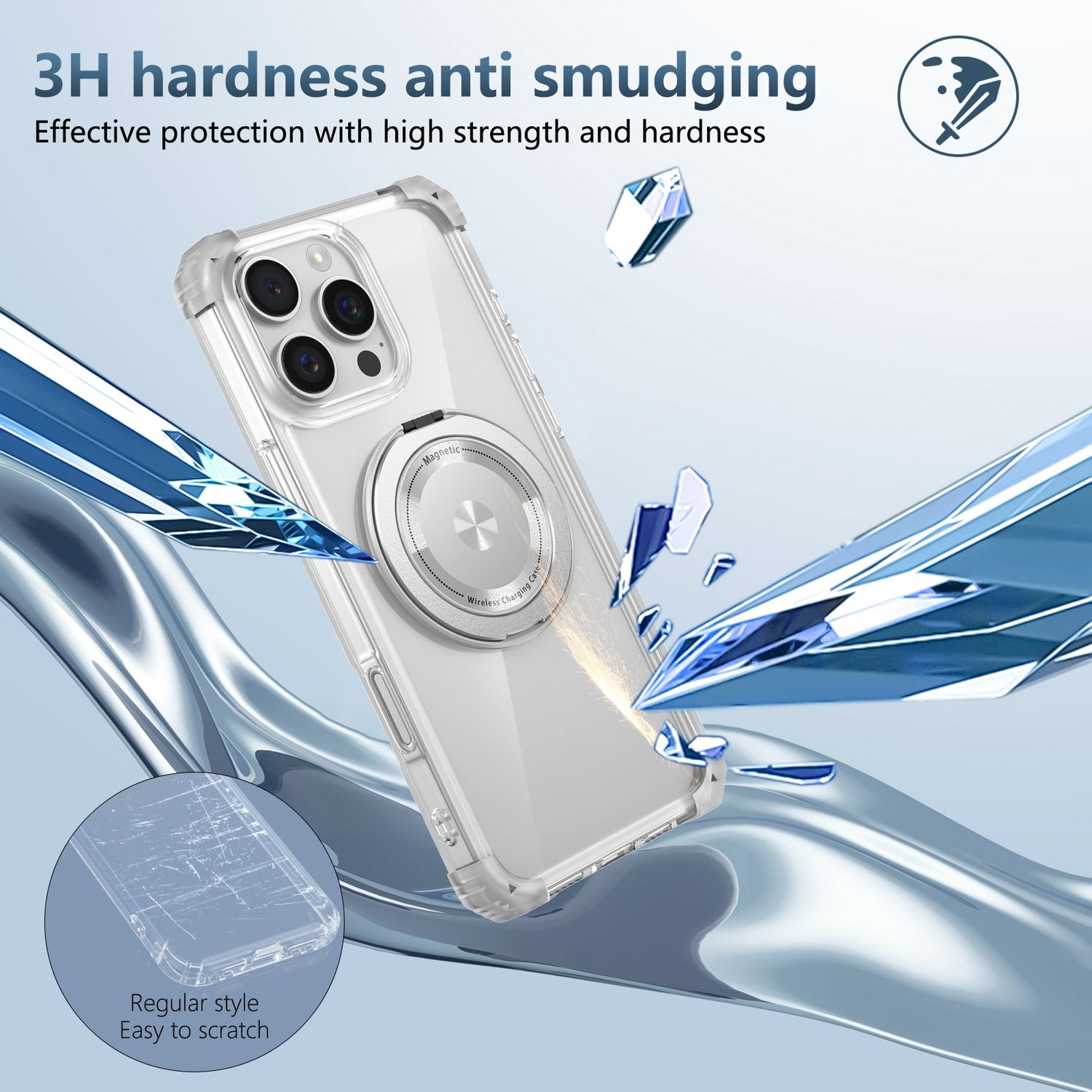 Funda de teléfono con teléfono dentro. La funda es transparente con un anillo plateado para carga inalámbrica.