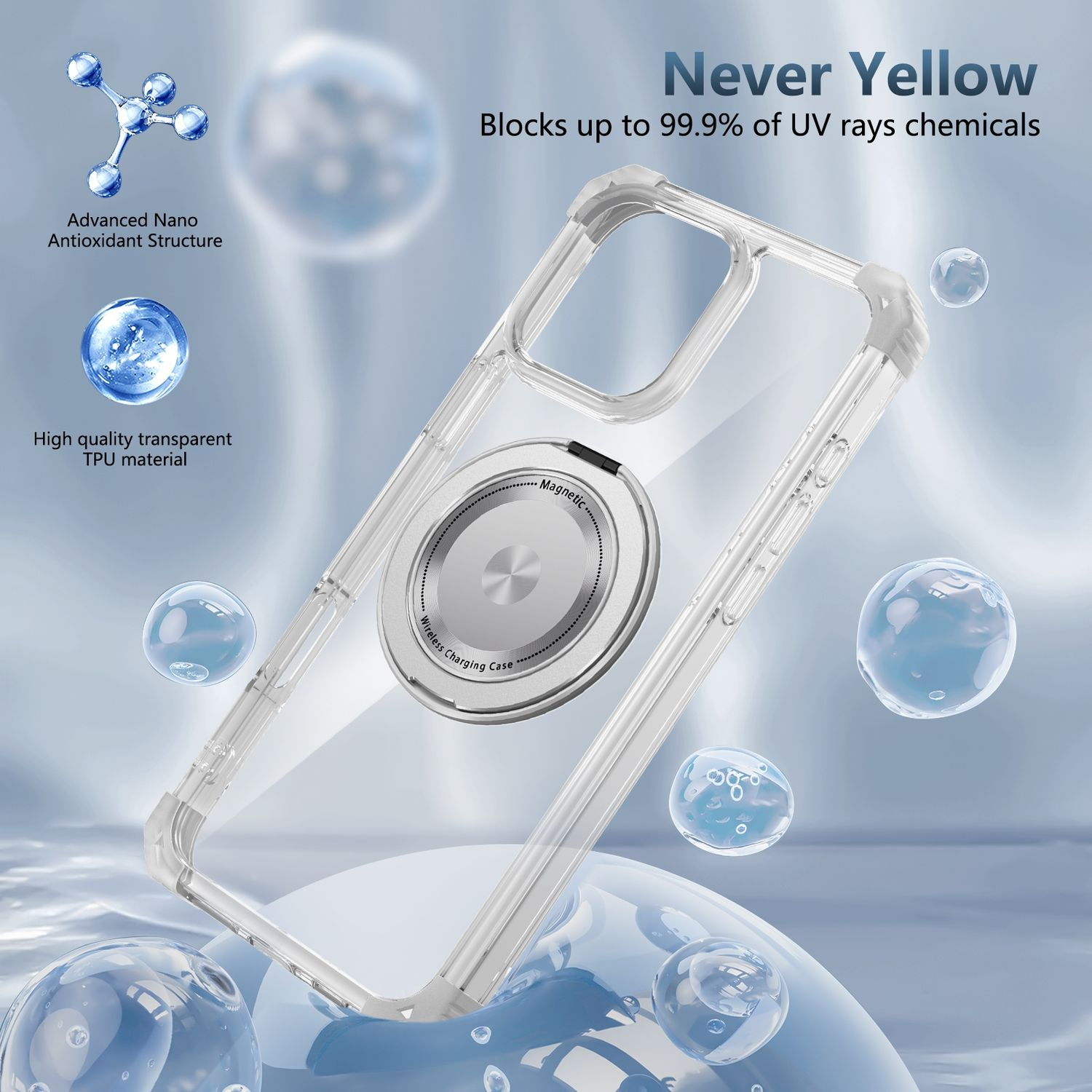 Una funda transparente para teléfono con un anillo magnético, con burbujas de fondo.