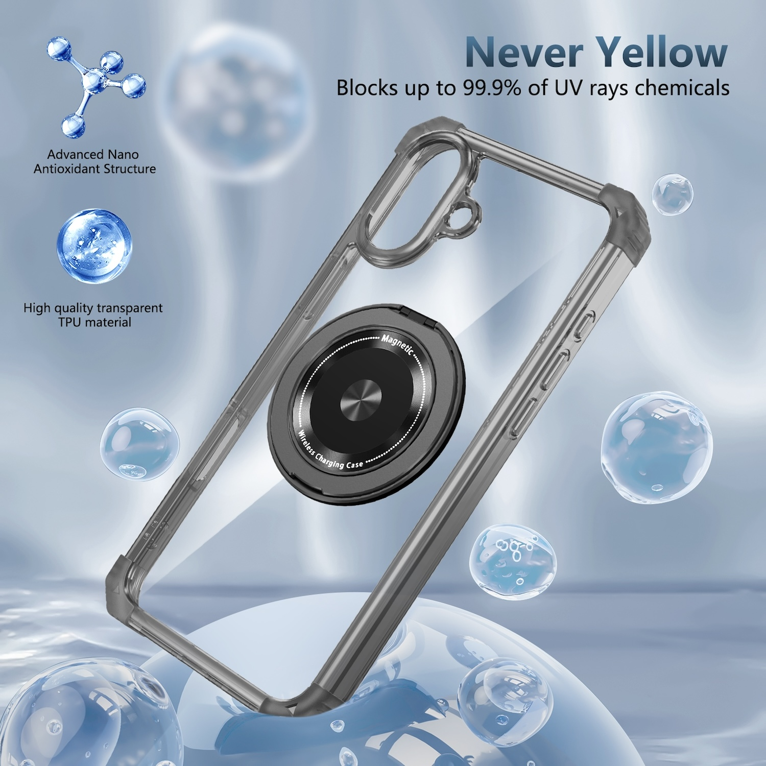Una funda transparente para teléfono con soporte de anillo. Tiene un fondo azul con burbujas y texto.