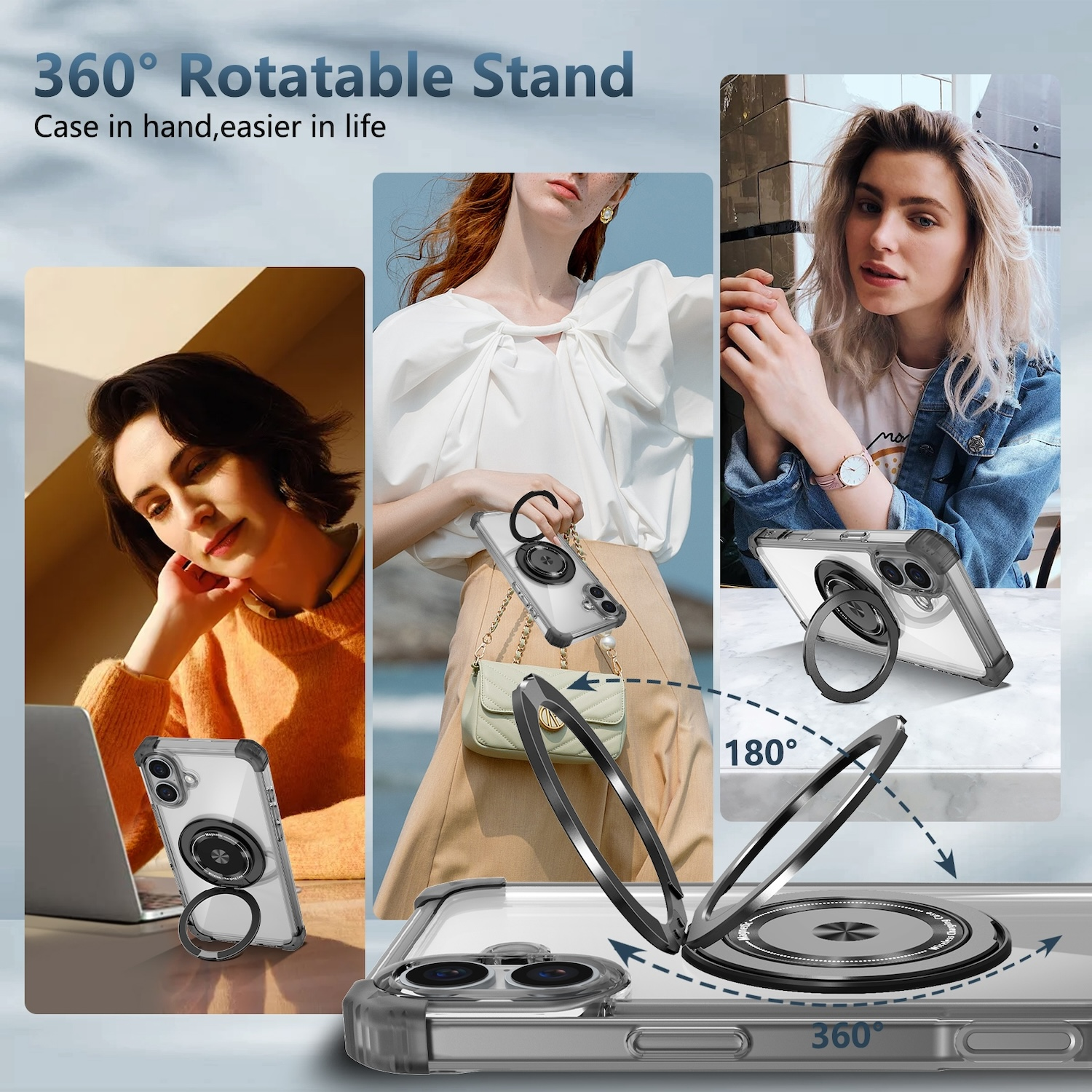 Personas usando fundas de teléfono con soporte giratorio, que rota 360 grados.