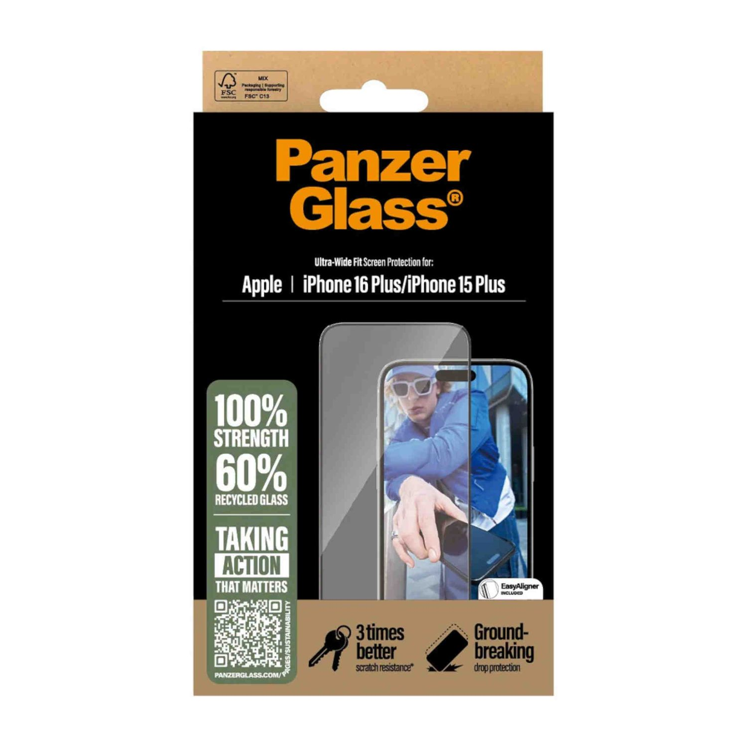 PanzerGlass ekran koruyucu ambalajı. Ekranda bir kişi olan bir telefon ve ürün hakkında metin içerir.