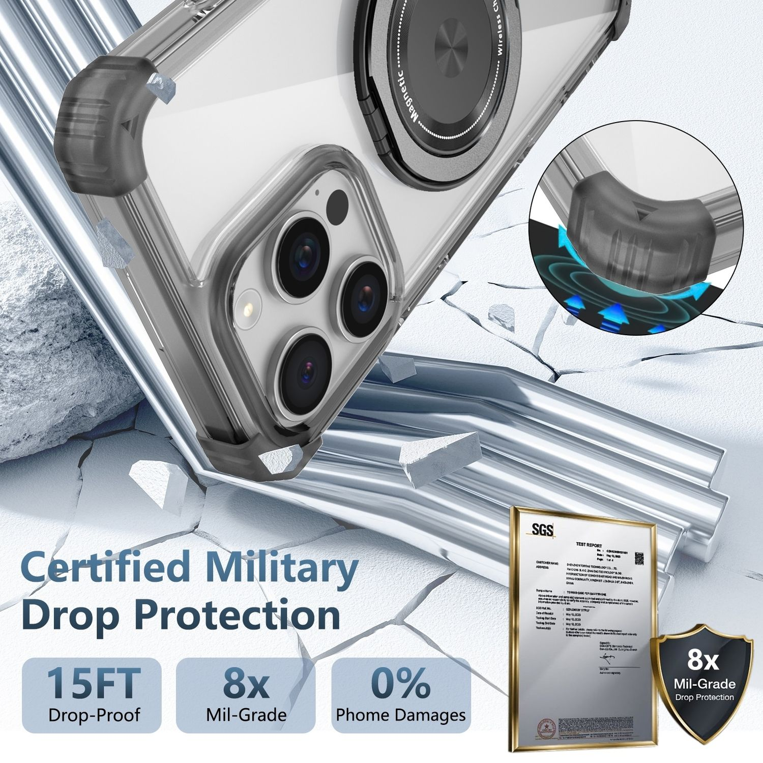 Una funda transparente para teléfono con un anillo magnético. Texto: 'Certified Military Drop Protection'. Fondo agrietado.