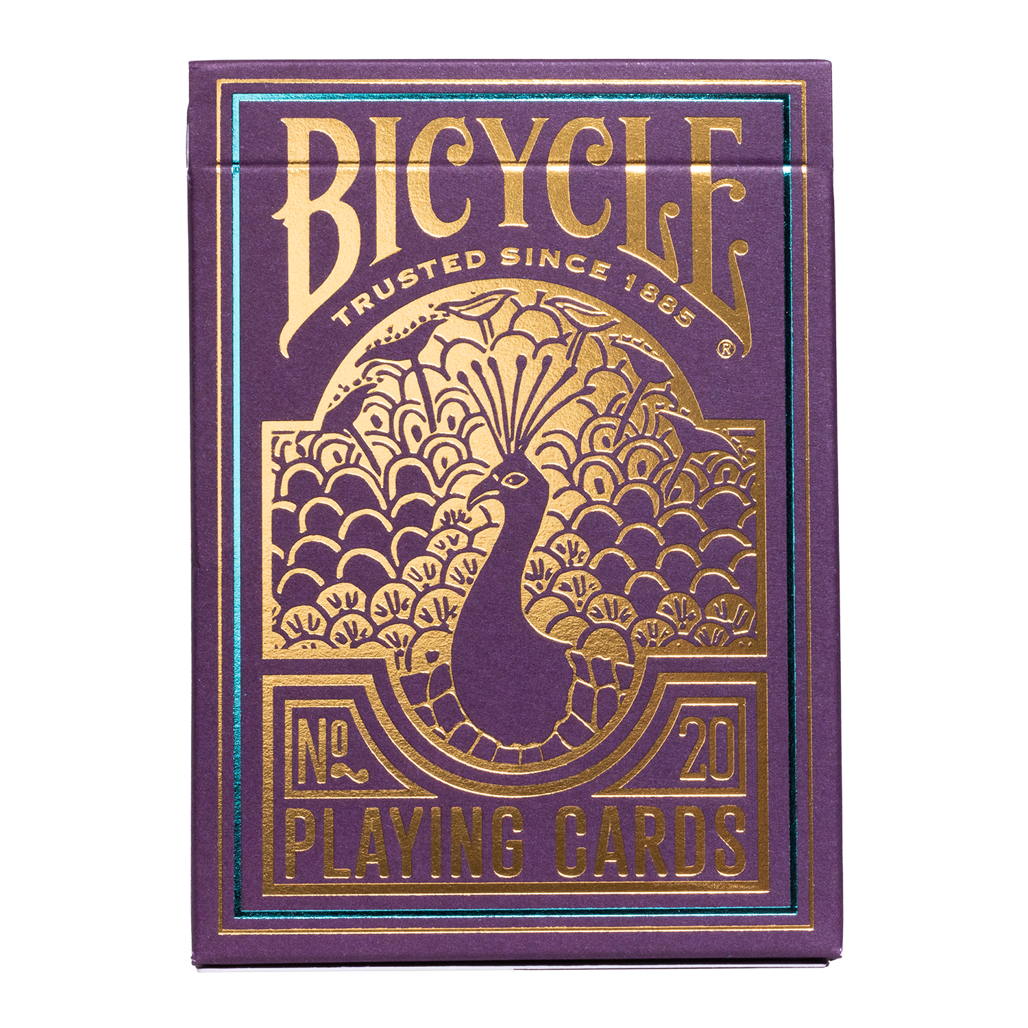 Eine Bicycle Spielkartenbox, lila mit goldenen Details. Auf dem Cover ist ein Pfau abgebildet.