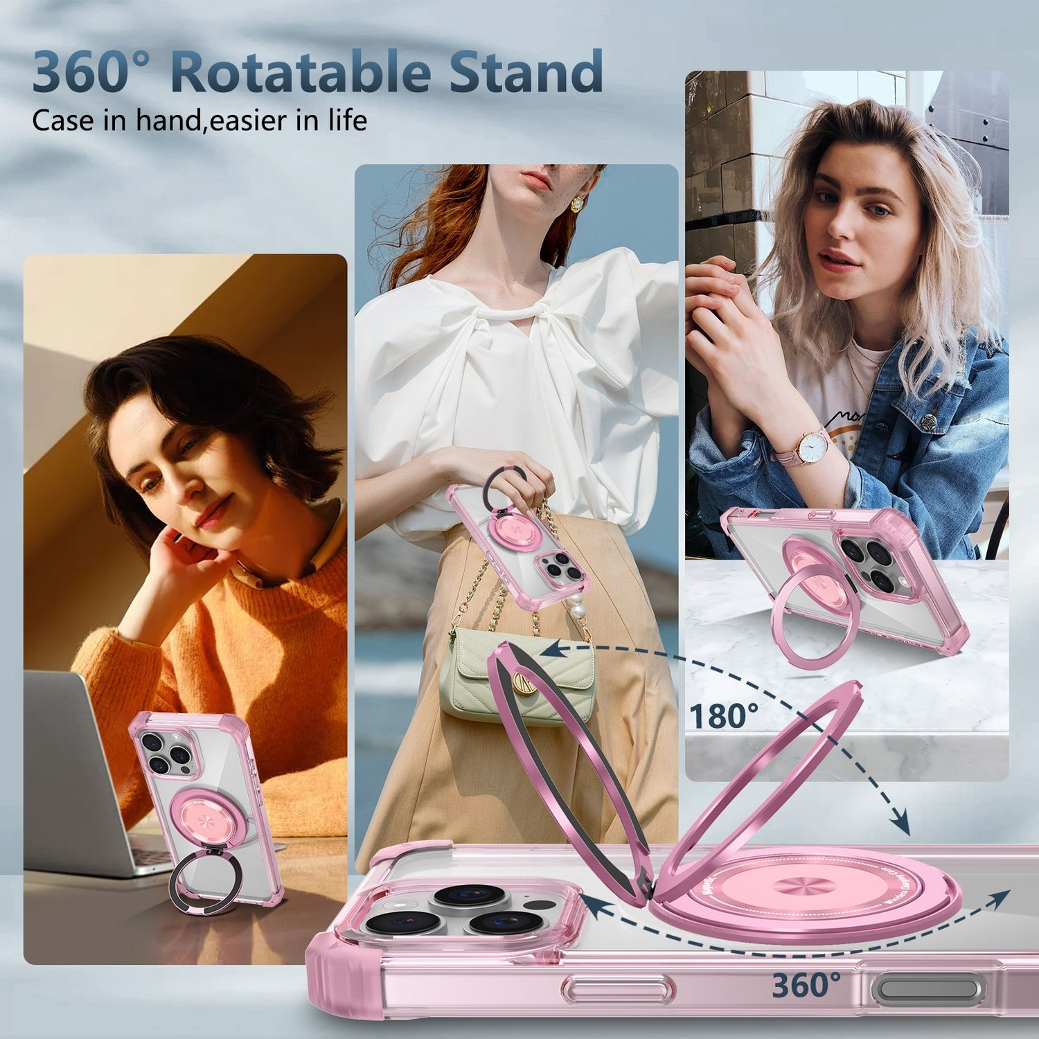 Pinke Handyhüllen mit Ständer. Frauen halten das Telefon. Ständer dreht sich um 360 Grad.