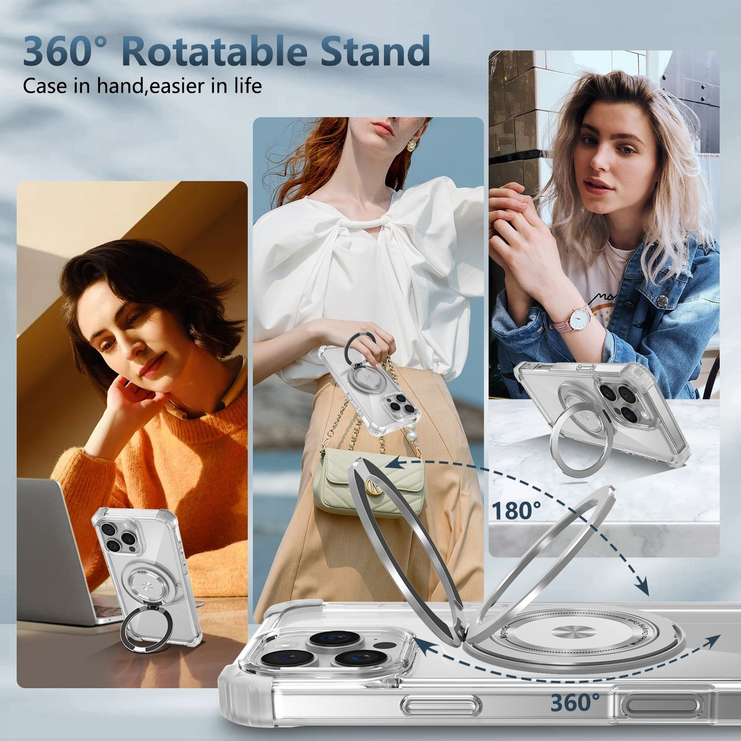 Fundas de teléfono con un soporte de anillo, mostradas en diferentes vistas, con una mujer sosteniendo un teléfono con un soporte de anillo.