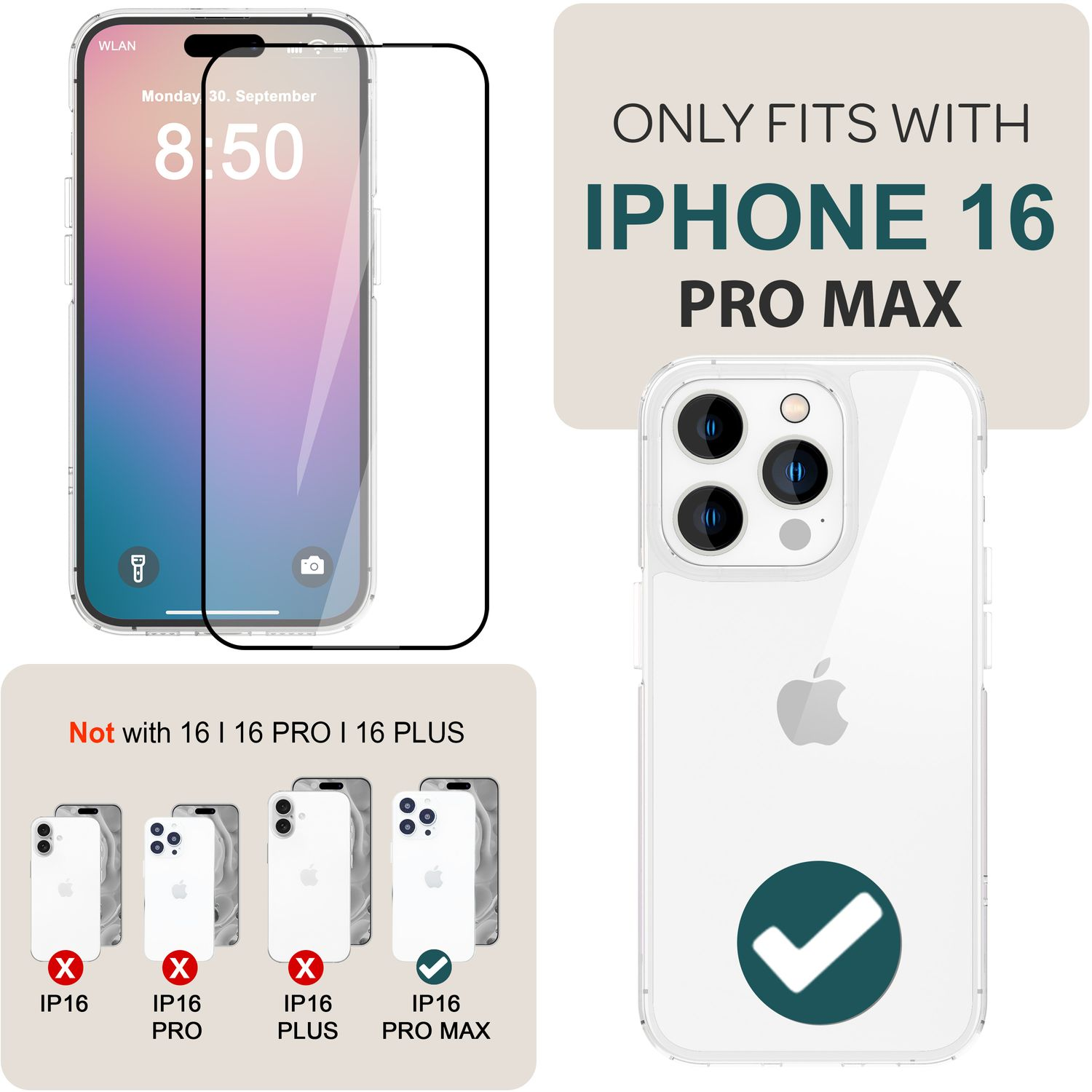 Protecteur d'écran et étui pour iPhone 16 Pro Max, avec des informations de compatibilité de modèle.