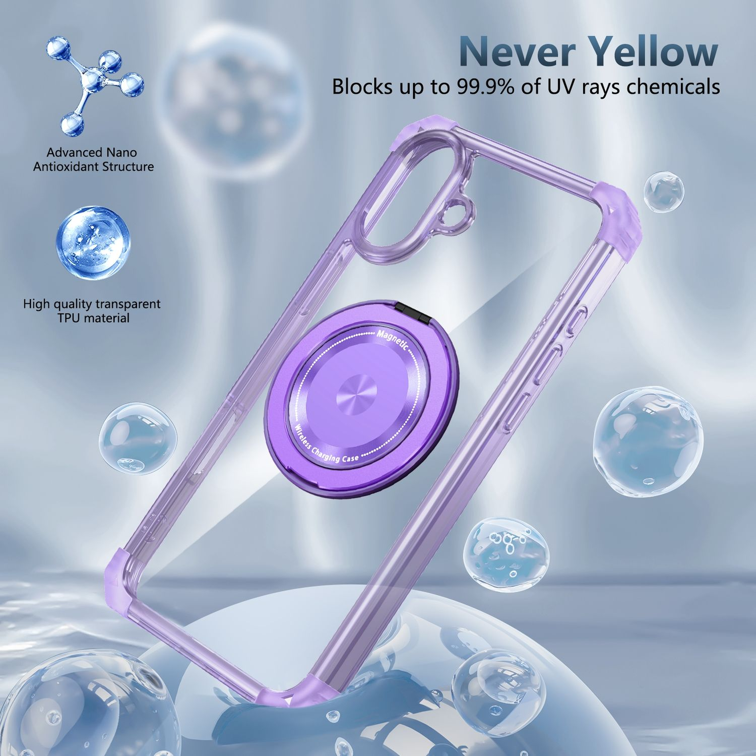 Una funda transparente para teléfono con un soporte de anillo morado. Las burbujas flotan alrededor de la funda. La funda está sobre agua.