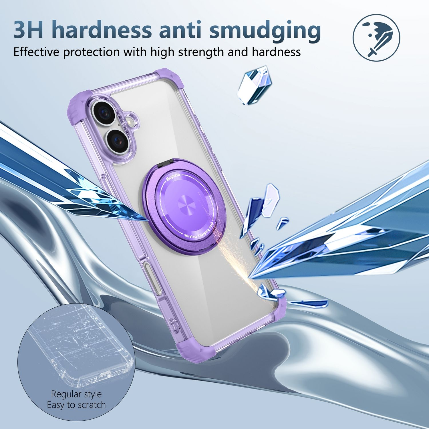 Funda morada con anillo magnético, protección y anti-manchas, con efecto de vidrio roto.