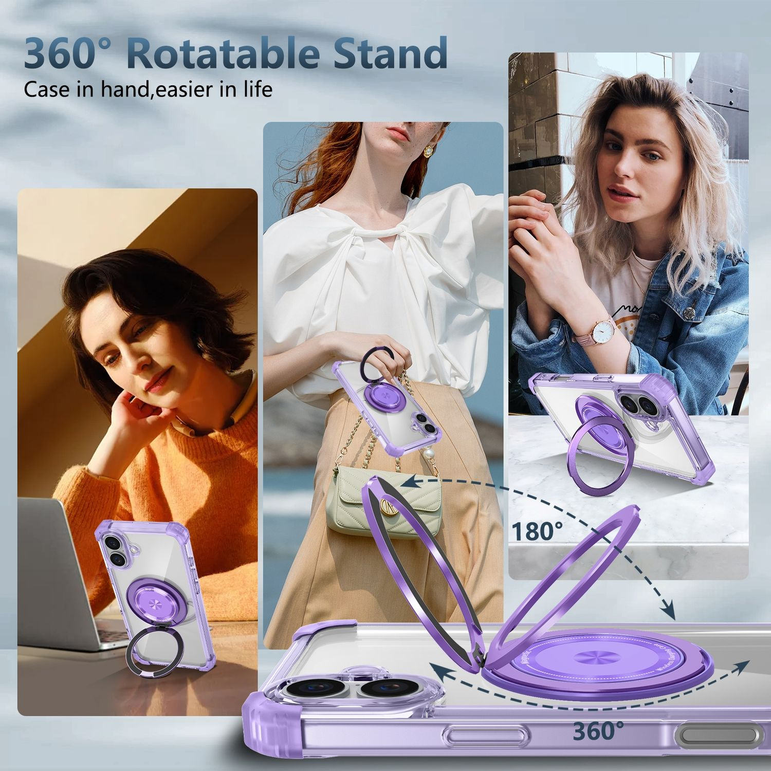 Fundas de teléfono con soportes de anillo. Tres mujeres mostrando cómo gira la funda. Varios colores.