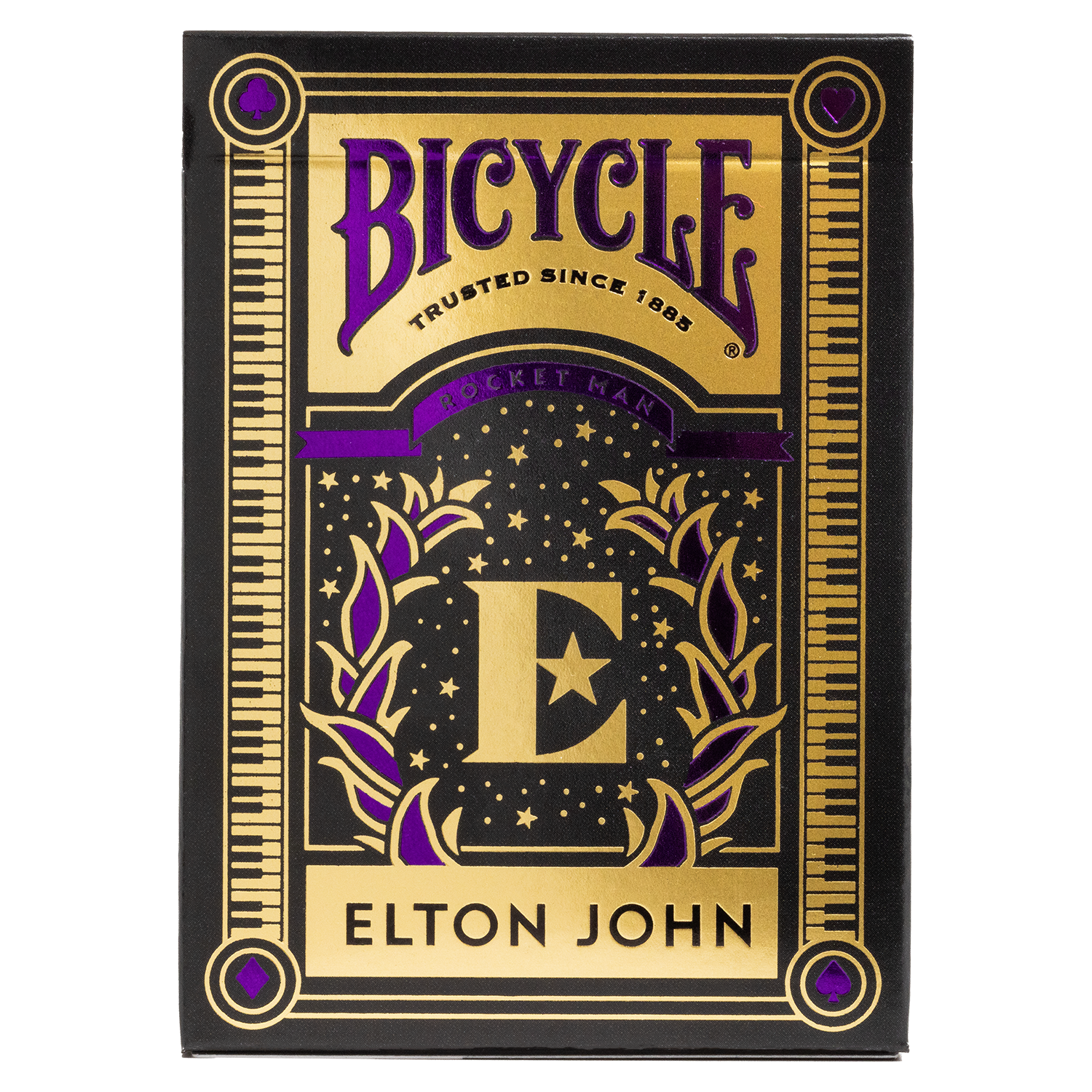 Bicycle-Spielkarten mit Elton John-Motiv. Gold- und Lila-Farben auf schwarzem Hintergrund.