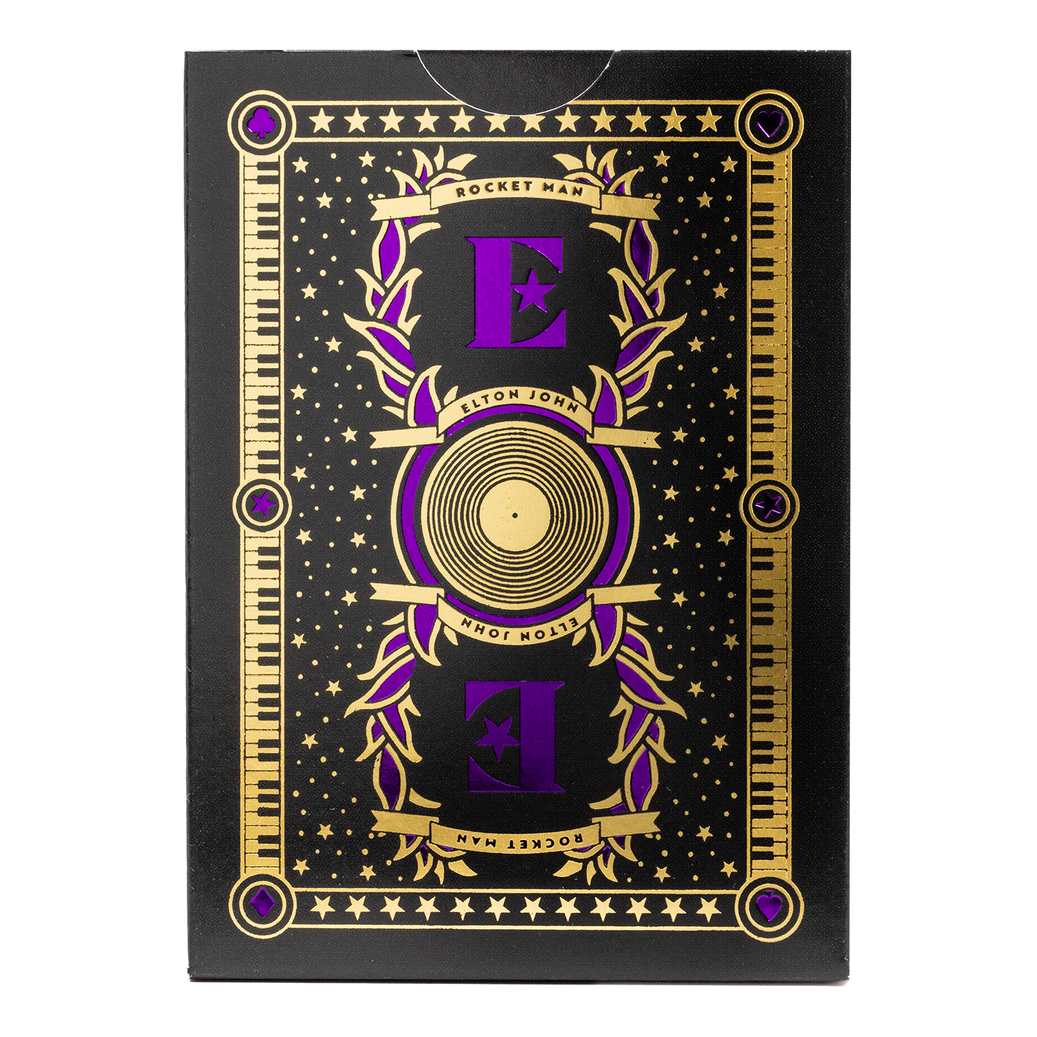 Spielkartenbox mit Elton John-Grafiken, schwarzer Hintergrund, Gold- und lilafarbene Details.
