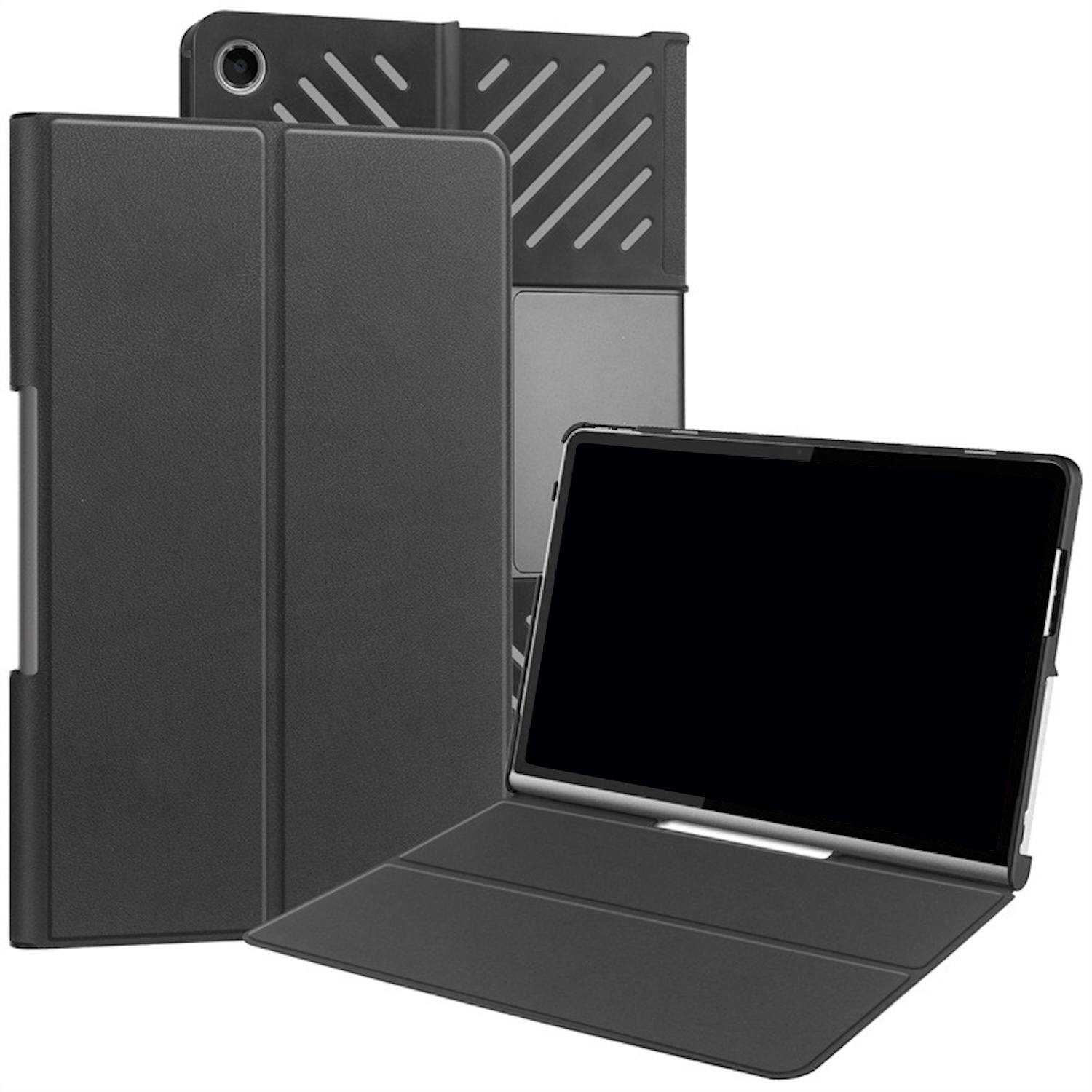 Eine schwarze Tablethülle mit faltbarem Design. Die Hülle wird in vorderer, seitlicher und offener Position gezeigt.