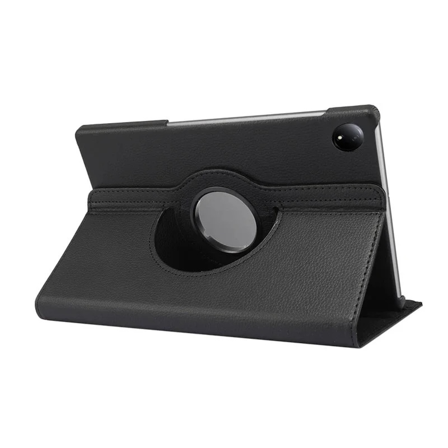 Ein schwarzes Tablet in einer Hülle, die es ermöglicht, aufrecht zu stehen.
