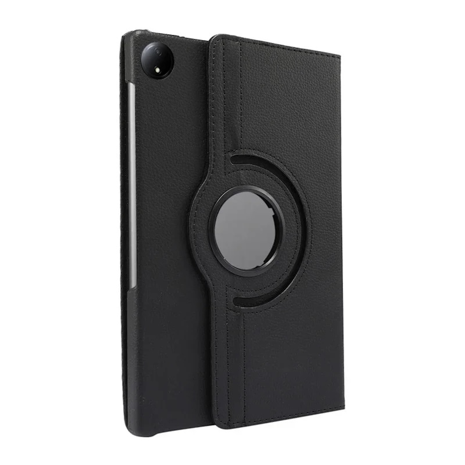 Schwarze Tablethülle mit einem drehbaren Ring und einem Kameraausschnitt. Die Hülle ist geschlossen und das Tablet befindet sich darin.