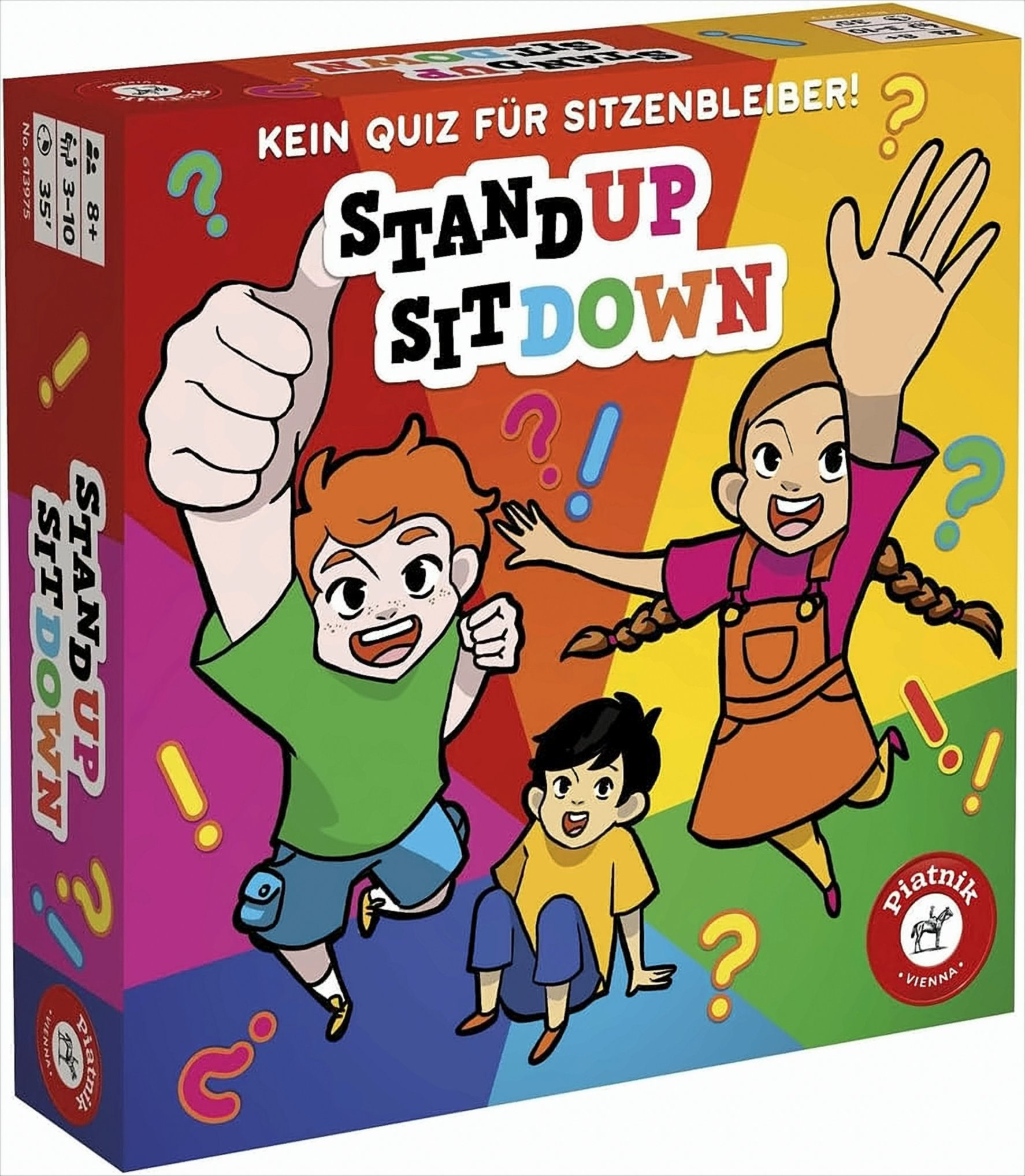 Brettspielbox mit Cartoon-Kindern und dem Spieltitel 'Stand Up Sit Down'.