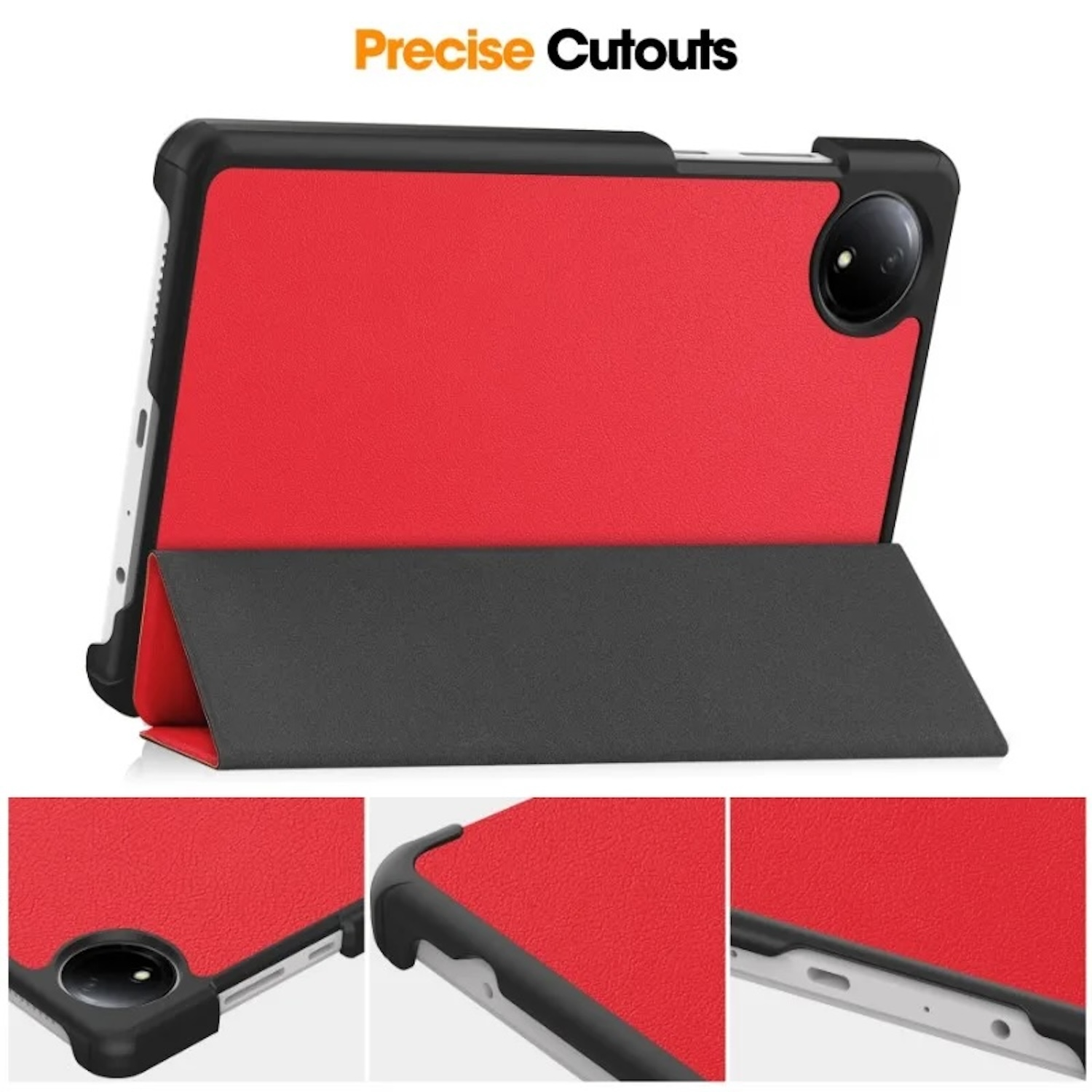 Funda roja para tableta con detalles negros sobre un fondo blanco. La funda tiene una cubierta que funciona como soporte.