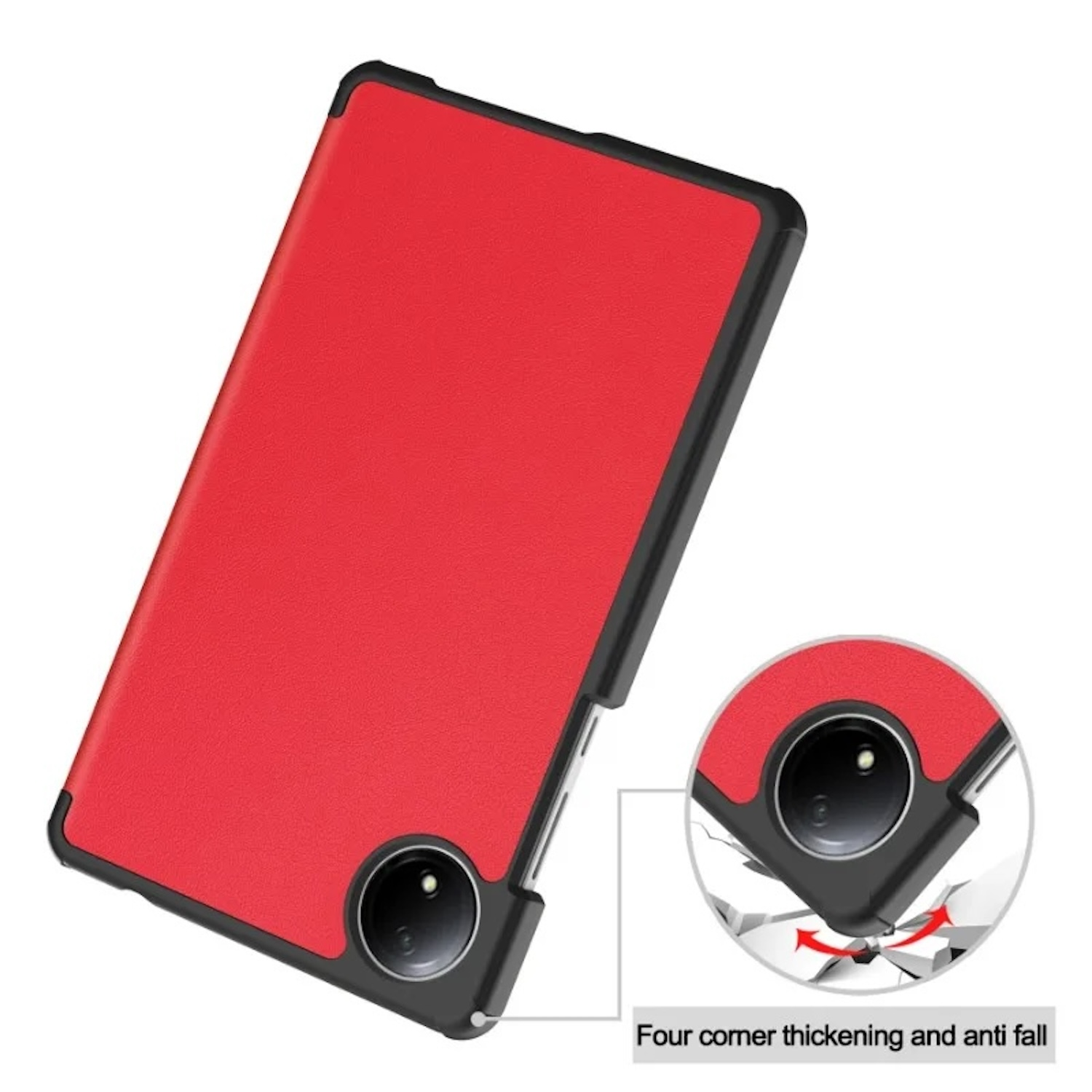 Funda roja para tableta con bordes negros. Muestra resistencia al impacto con una flecha.