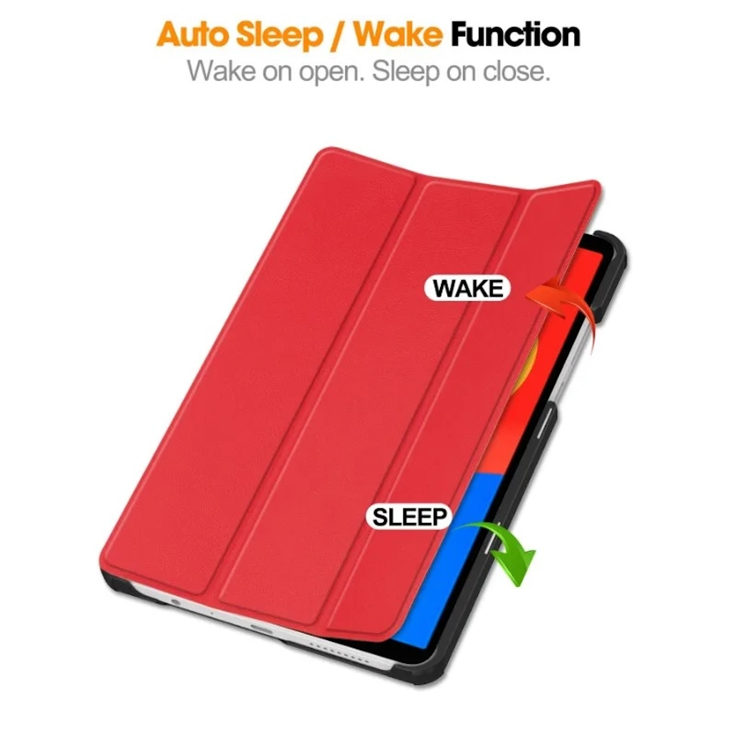 Funda de tableta roja. La funda se abre y cierra, mostrando 'wake' y 'sleep'.