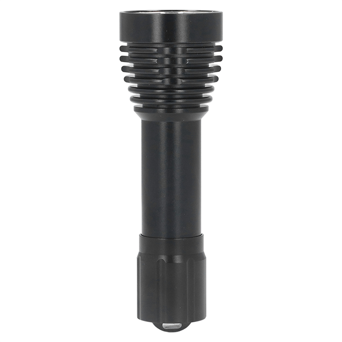 Eine schwarze Taschenlampe. Sie hat eine zylindrische Form mit Rillen.