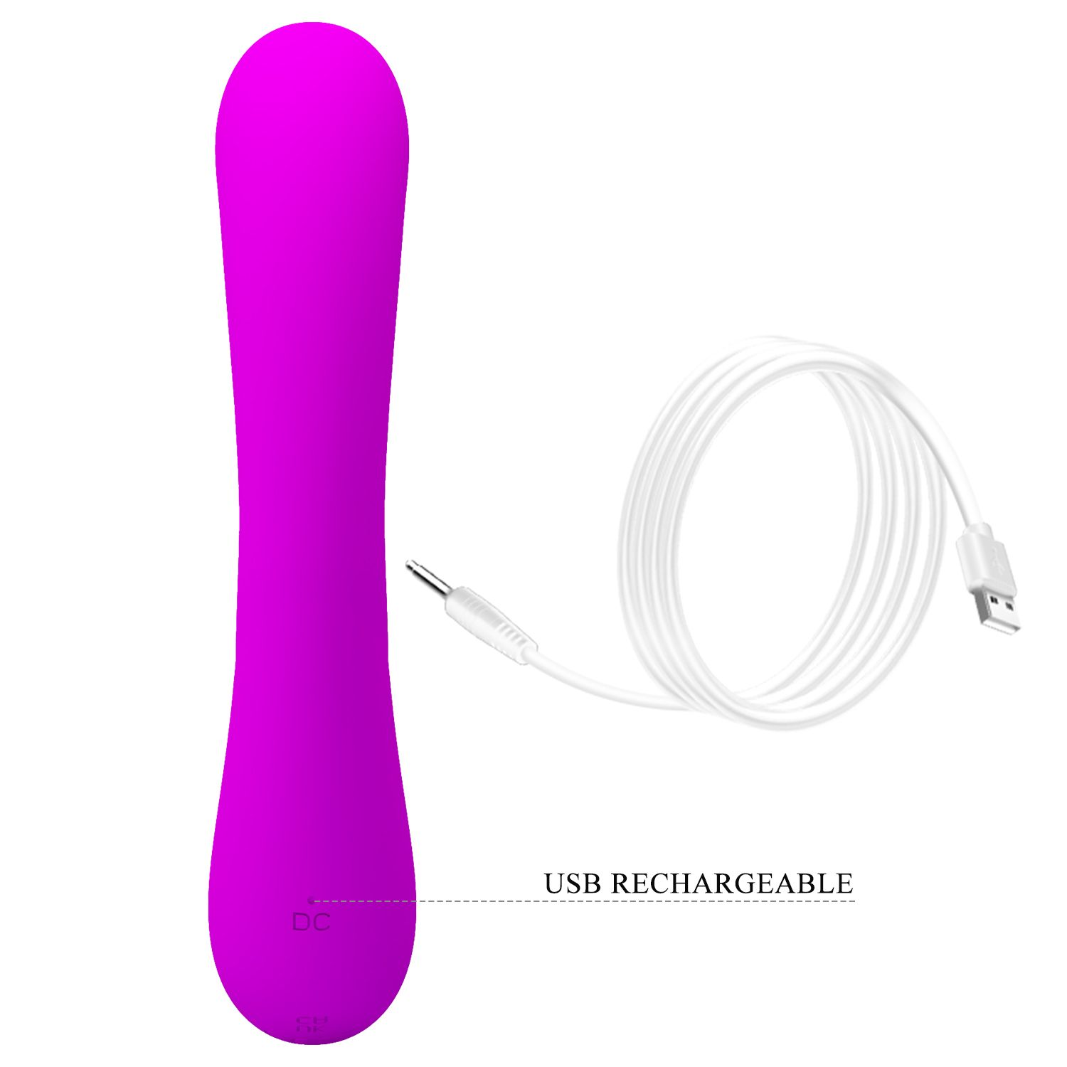 Ein lila Sexspielzeug und ein weißes USB-Kabel. Das Spielzeug ist glatt, und das Kabel ist gekräuselt.