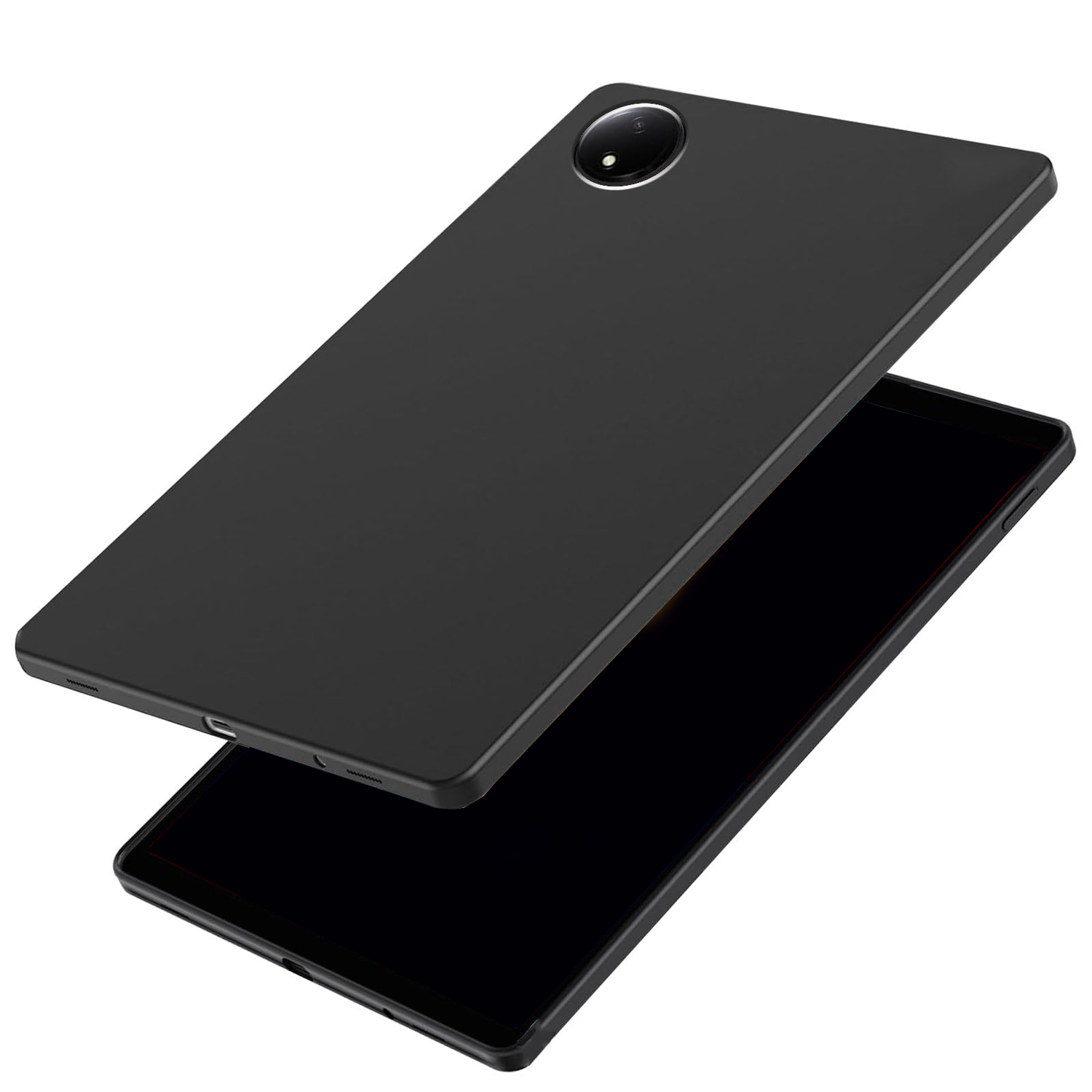 Ein schwarzes Tablet mit einer Kamera auf der Rückseite. Der vordere Bildschirm ist schwarz und reflektierend.