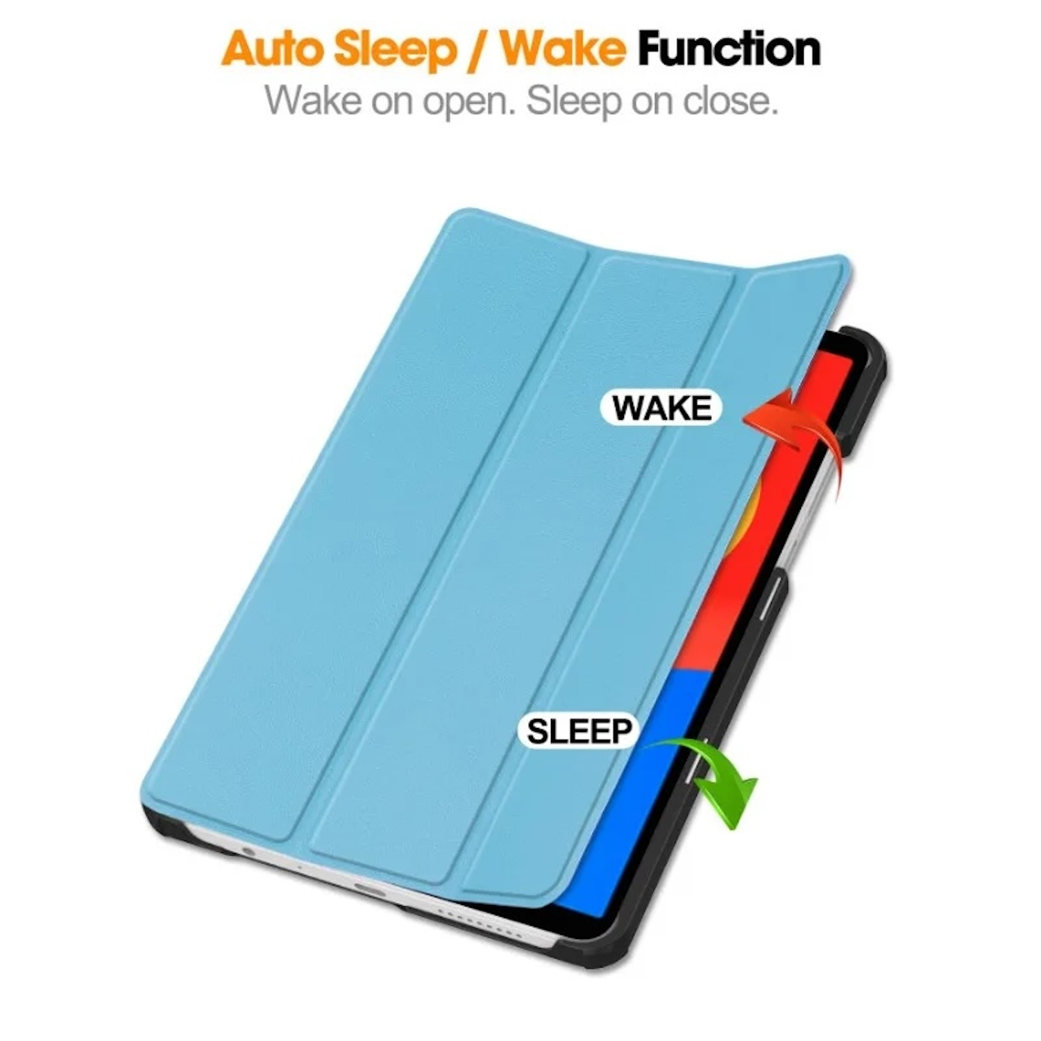 Funda azul para tableta. Tableta en una funda con función de activación/suspensión.